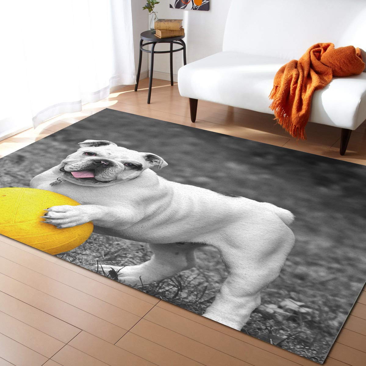 French Bulldog Yellow Ball Grey Background Washable Area Runner Rug 3'x5' - Non-Slip Indoor Outdoor Carpet for Kitchen, Living Room, Bathroom, Bedroom, Classroom & Laundry Room - Perfect as Doormat, Welcome Mat or Desk Floor Mat