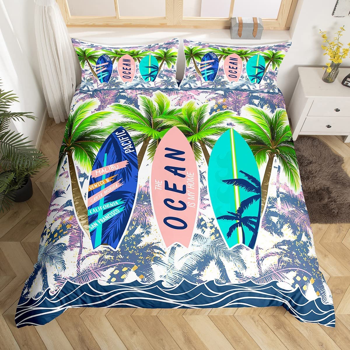 Tropical Coconut Tree Duvet Cover Set - Surfboard Palm Leaf Ocean Wave Design, Summer Vacation Style Natural Scene Bedding (2-Piece with Pillow Sham) - Twin Size in Blue, Green & Red - Perfect for Beach House Decor & Coastal Themed Bedrooms
