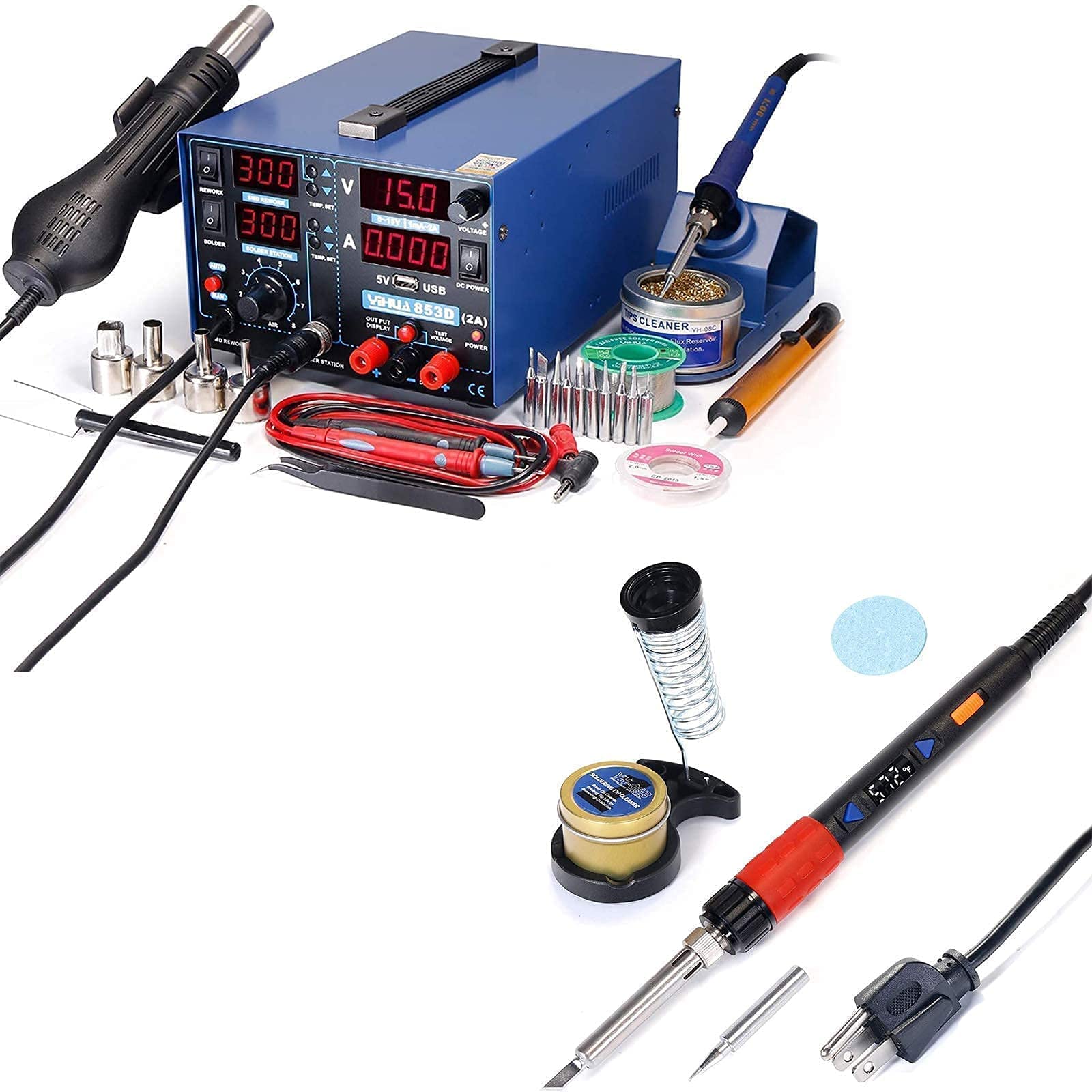 YIHUA 853D 2A USB Professional Soldering Station with Rework & Power Supply | Includes 928D-III High Power Soldering Iron, Cleaning Kit & Accessories | Perfect for Electronics Repair, DIY Projects & PCB Work