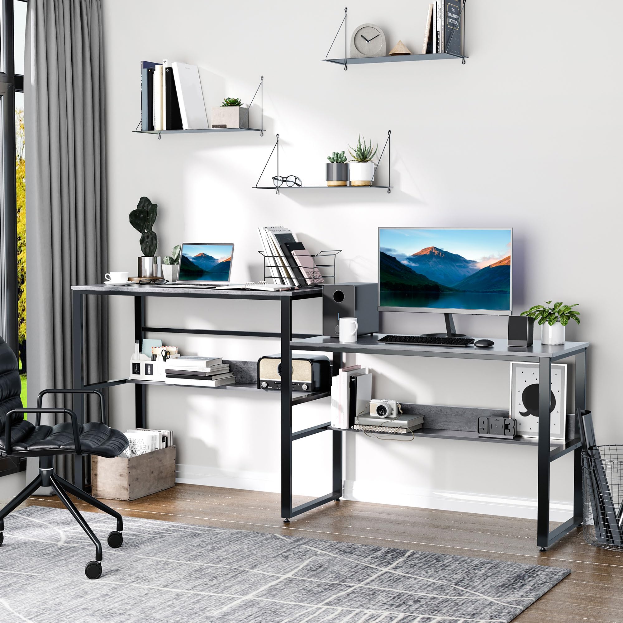 HOMCOM 86.5 Inch Two Person Desk with Open Shelves - Double Computer Table, Writing Desk & Long Storage Workstation for Home Office (Gray) | Perfect for Shared Workspaces, Remote Work & Study Rooms