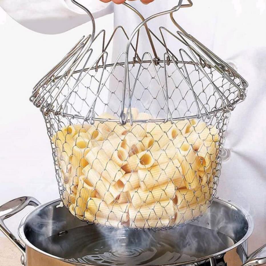 Foldable Steam Rinse Strain Fry Chef Basket - Magic Mesh Strainer Net for Cooking, Frying & Draining - Perfect Kitchen Tool for Pasta, Vegetables & Deep Frying