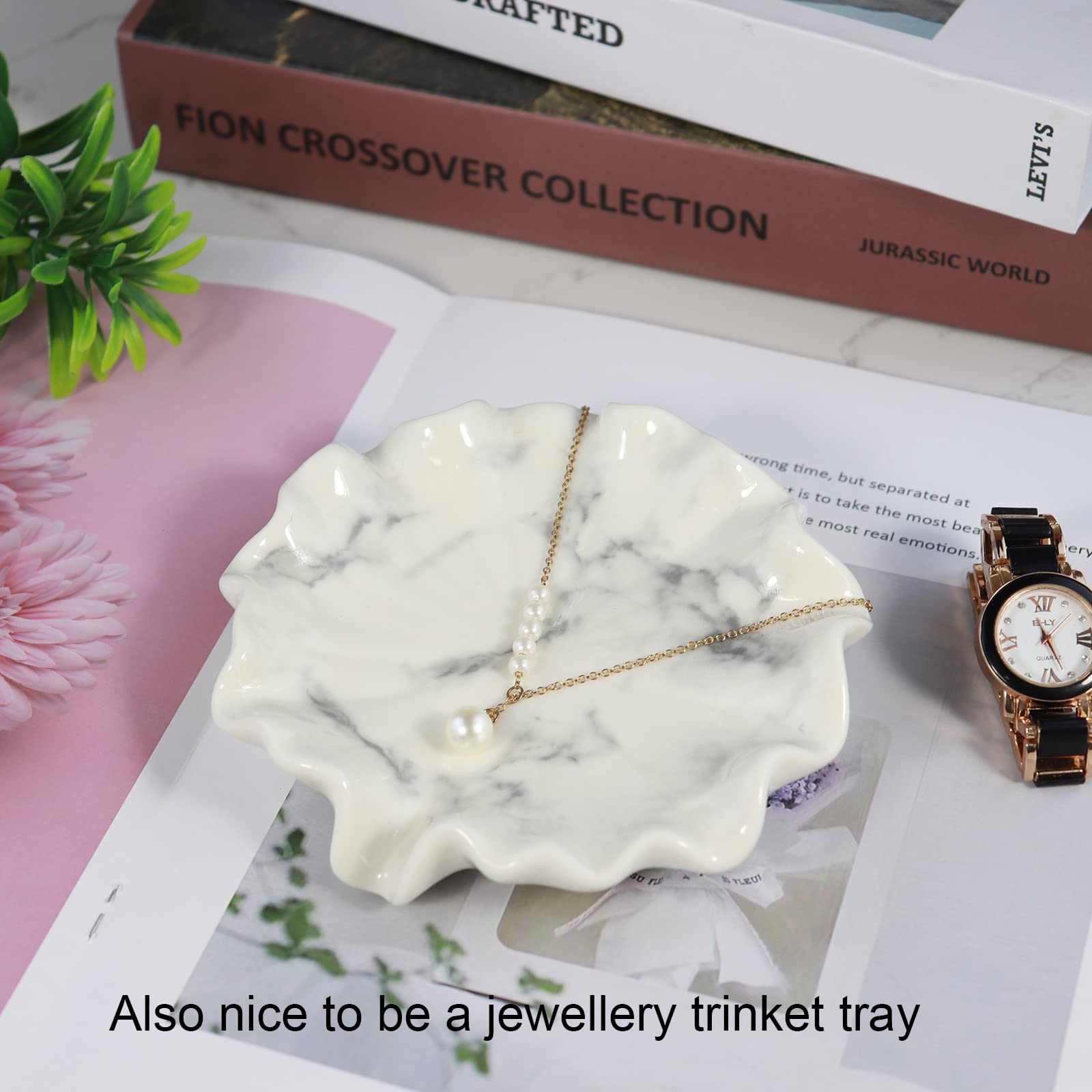 Ceramic Soap Dish with Lotus Leaf White Marble Pattern - Self Draining Soap Holder with Waterfall Slot - Bathroom & Kitchen Countertop Organizer for Sponges and Soap - Perfect for Modern Bathrooms, Spa Showers, and Luxury Hotel Style Vanities