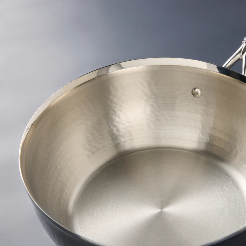 Ruffoni Opus Prima Hammered Stainless Steel Saute Pan with Lid - 3.5 Quart Professional Chef Cookware for Searing, Braising & Sauteing - Perfect for Home Kitchen & Restaurant Use