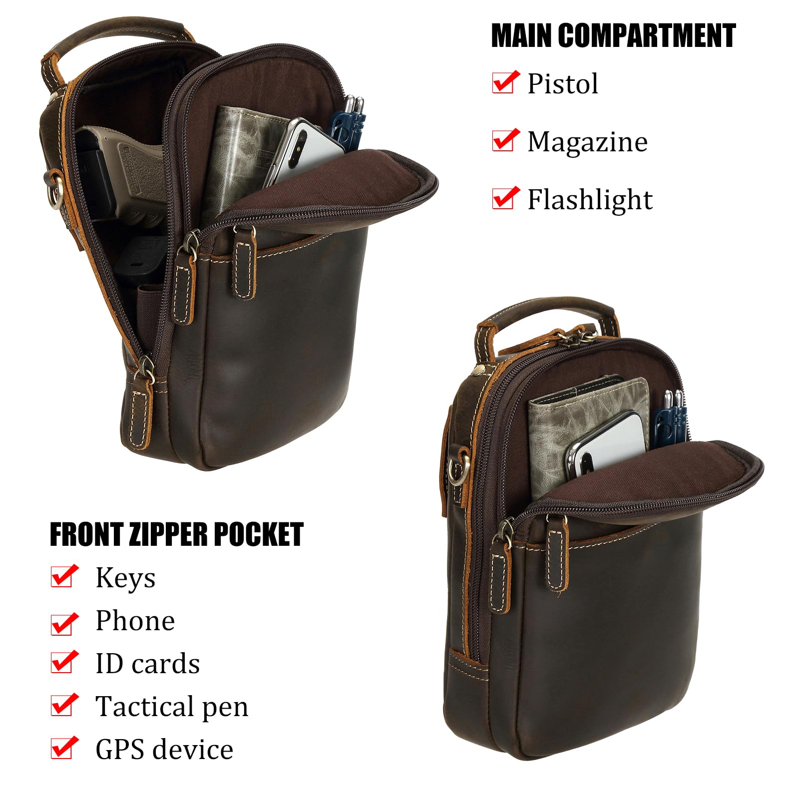 Premium Full Grain Italian Leather Concealed Carry Gun Pouch - Small Crossbody Handgun Bag & Fanny Pack for Pistol - Adjustable Waist Belt Firearm Holster Case for Outdoor, Travel & Everyday Protection