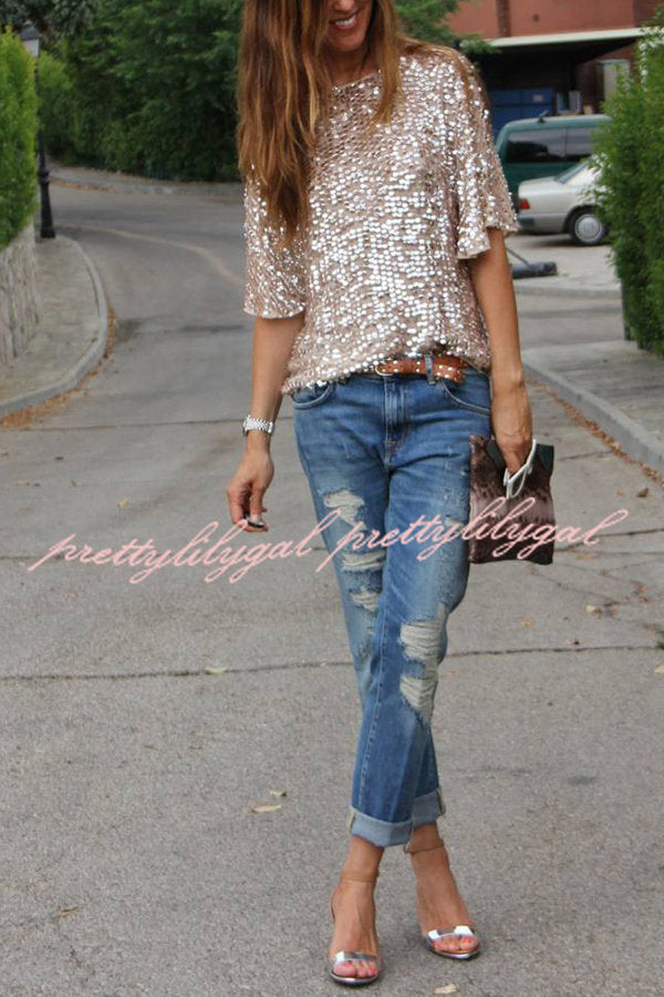 Such A Beauty Sequin Loose T-Shirt for Women | Glitter Party Top | Casual & Night Out Blouse | Perfect for Club, Concert, and Special Occasions