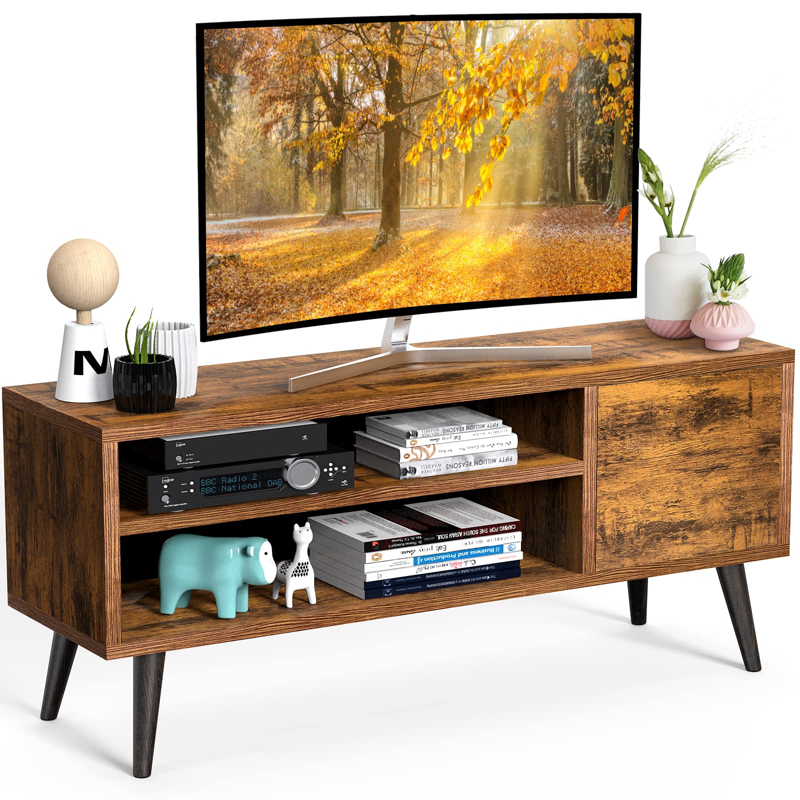 Vintage TV Stand for 55 Inch TV with Storage Shelf - Rustic Brown Wooden Entertainment Center, Mid Century Modern Media Console for Living Room & Bedroom - Perfect for Home Theater Setup & Displaying Decor (APRTS01)