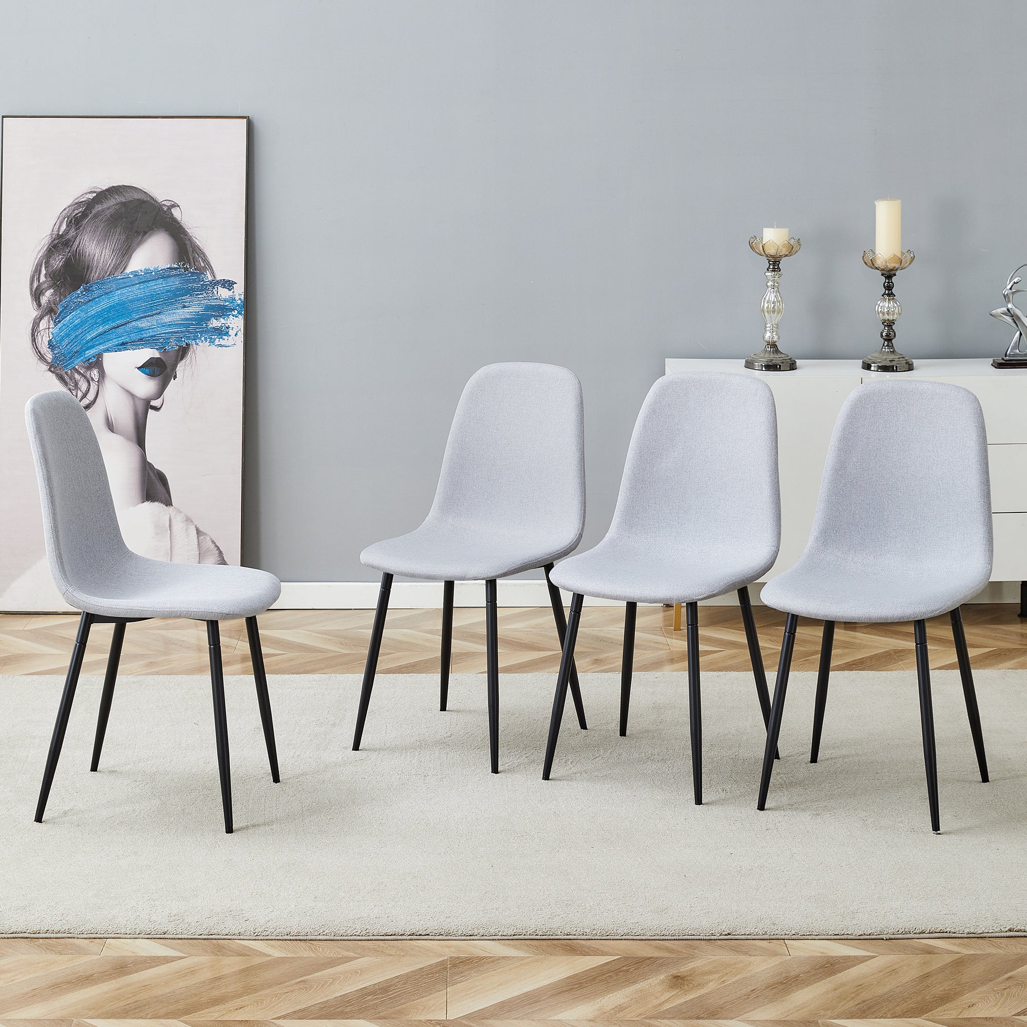 Comfortable Linen Cotton Dining Chair Set of 4 - Light Gray Modern Upholstered Chairs with Integrated Seat & Backrest for Kitchen, Dining Room & Home Decor