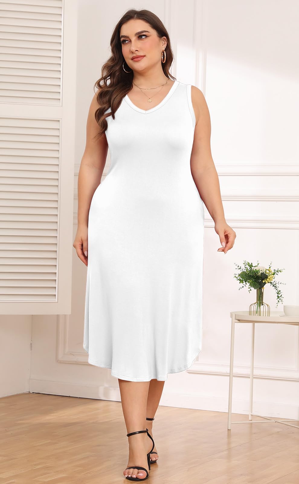 POSESHE Women's Plus Size Sleeveless V-Neck Sundress - Casual Summer Cocktail Dress with Pockets for Wedding Guest & Beach Outings 2024