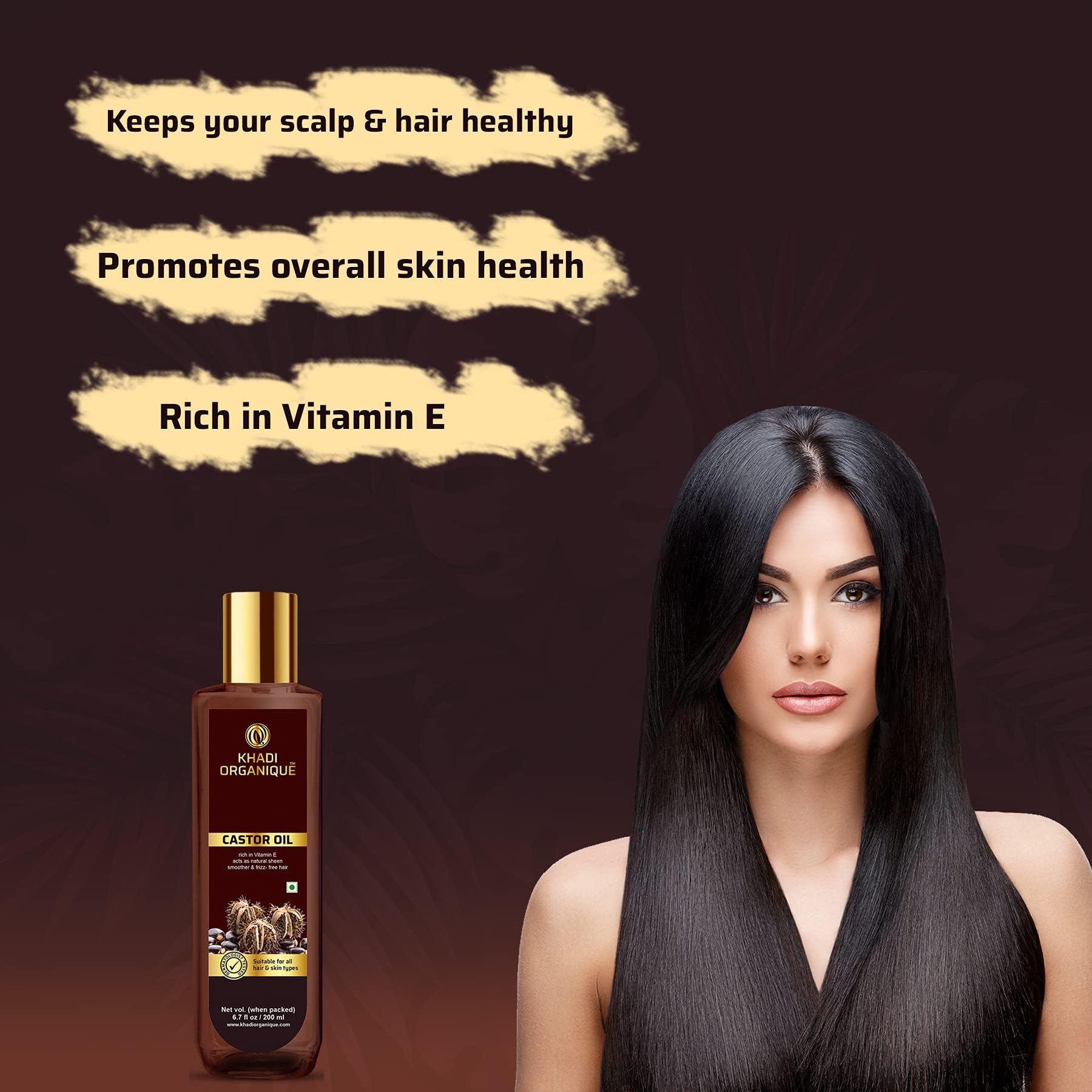Khadi Organique Cold Pressed Castor Oil - 100% Pure & Virgin Grade for Hair Growth, Skin Care, Eyelashes & Nails | Natural Moisturizer for Dry Skin & Healthy Hair | 200ml | Perfect for Daily Hair Treatment, Skin Hydration & Eyelash Enhancement