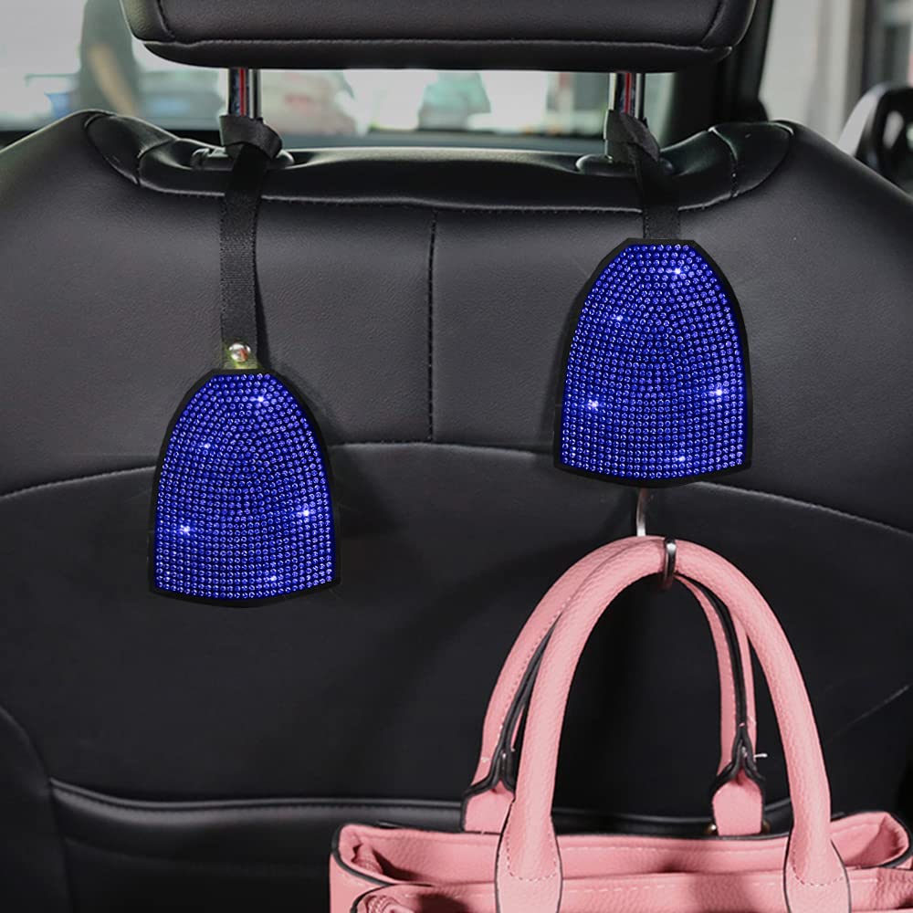 2-Pack Shining Bling Car Back Seat Headrest Hooks - Crystal Diamond Car Decor Accessories for Women - Universal Fit Hidden Hanger (Blue) - Perfect for Organizing Purses, Masks & Shopping Bags in Your Vehicle