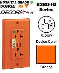 Leviton 8380-IGO Hospital Grade Surge Protected Duplex Receptacle - 20A 125V Isolated Ground Outlet with Power Indicator & Alarm - Orange - Ideal for Medical Equipment, Data Centers & Sensitive Electronics Protection