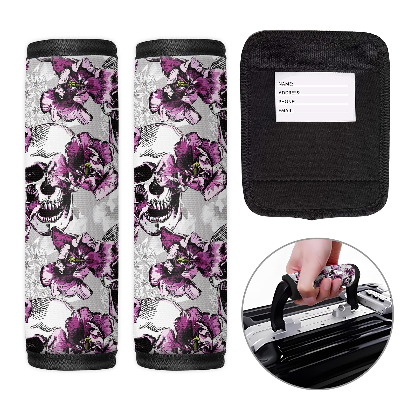 2 Pack Luggage Handle Wrap Travel Tags - Durable Suitcase ID Tags with Adjustable Straps for Easy Identification - Perfect for Air Travel, Cruise Vacations & Business Trips (Purple Flower Skull Design)