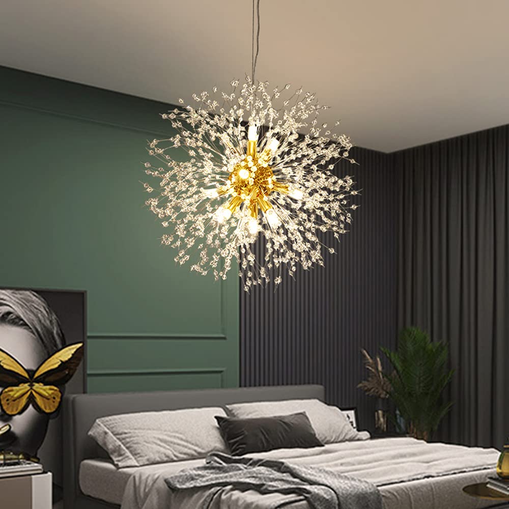 9-Light Gold Crystal Chandelier - Modern Firework Dandelion Ceiling Light Fixture for Dining Room, Bedroom, Hallway | Elegant Lighting for Weddings, Restaurants & Home Decor