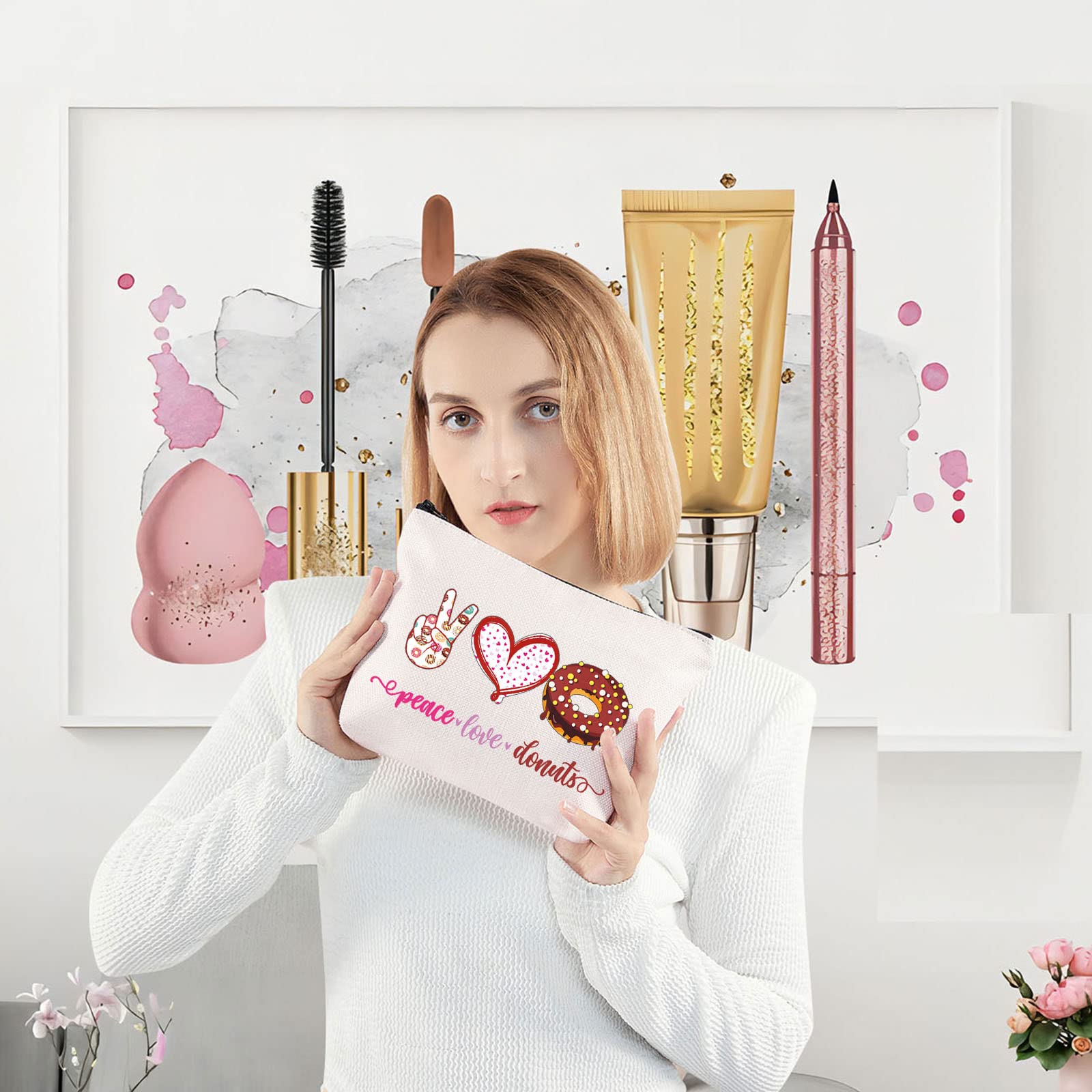 LEVLO Funny Donut Cosmetic Bag - Cute Donut Lover Gift with Zipper Pouch for Makeup & Travel Accessories | Perfect for School, Gym & Daily Use (Peace Love Donuts Design)