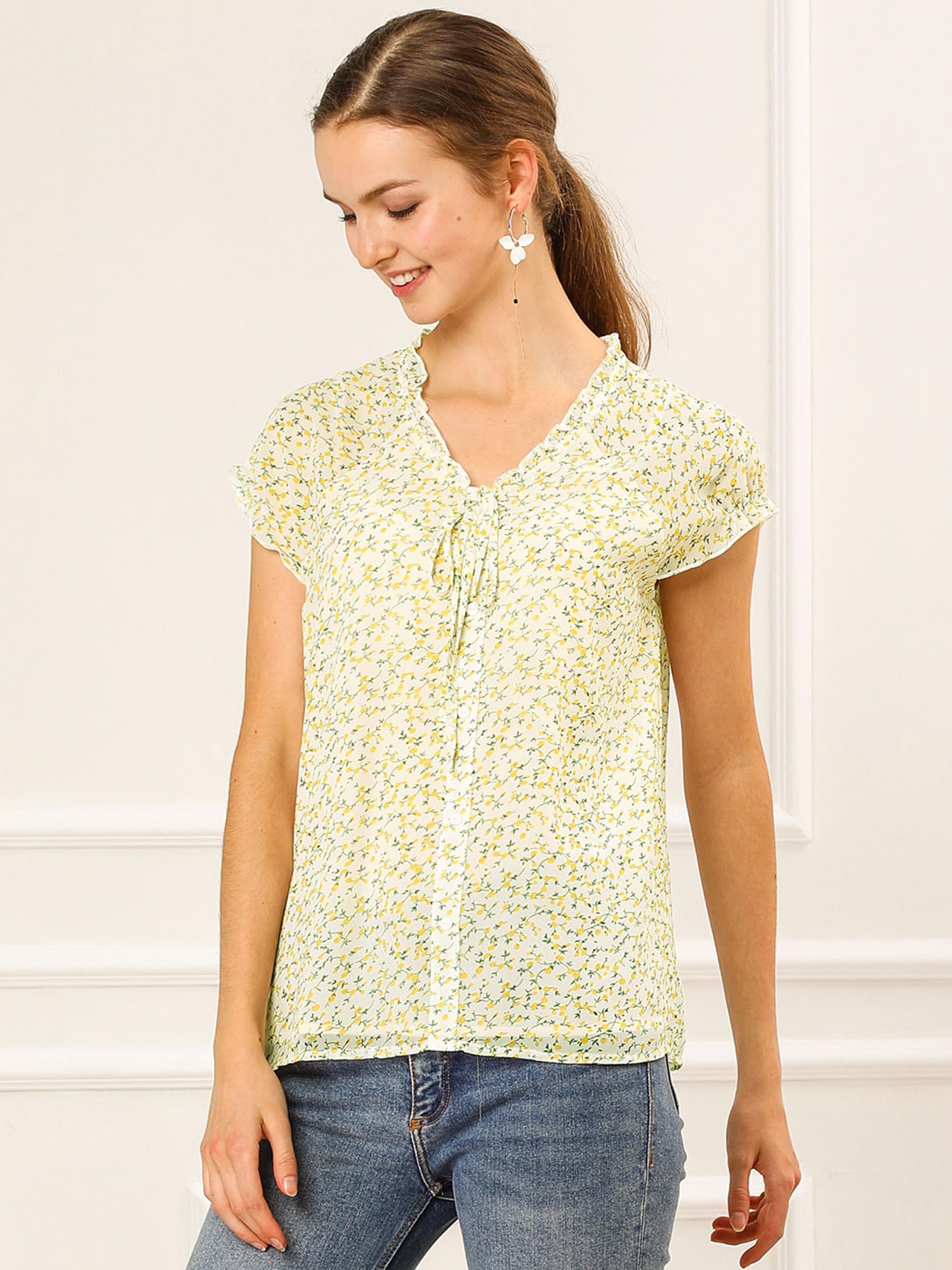 Allegra K Women's Floral Print V-Neck Chiffon Blouse - Short Cap Sleeve Ruffled Summer Top for Casual Wear, Office & Date Night Outfits | 2025 Trendy Floral Shirt