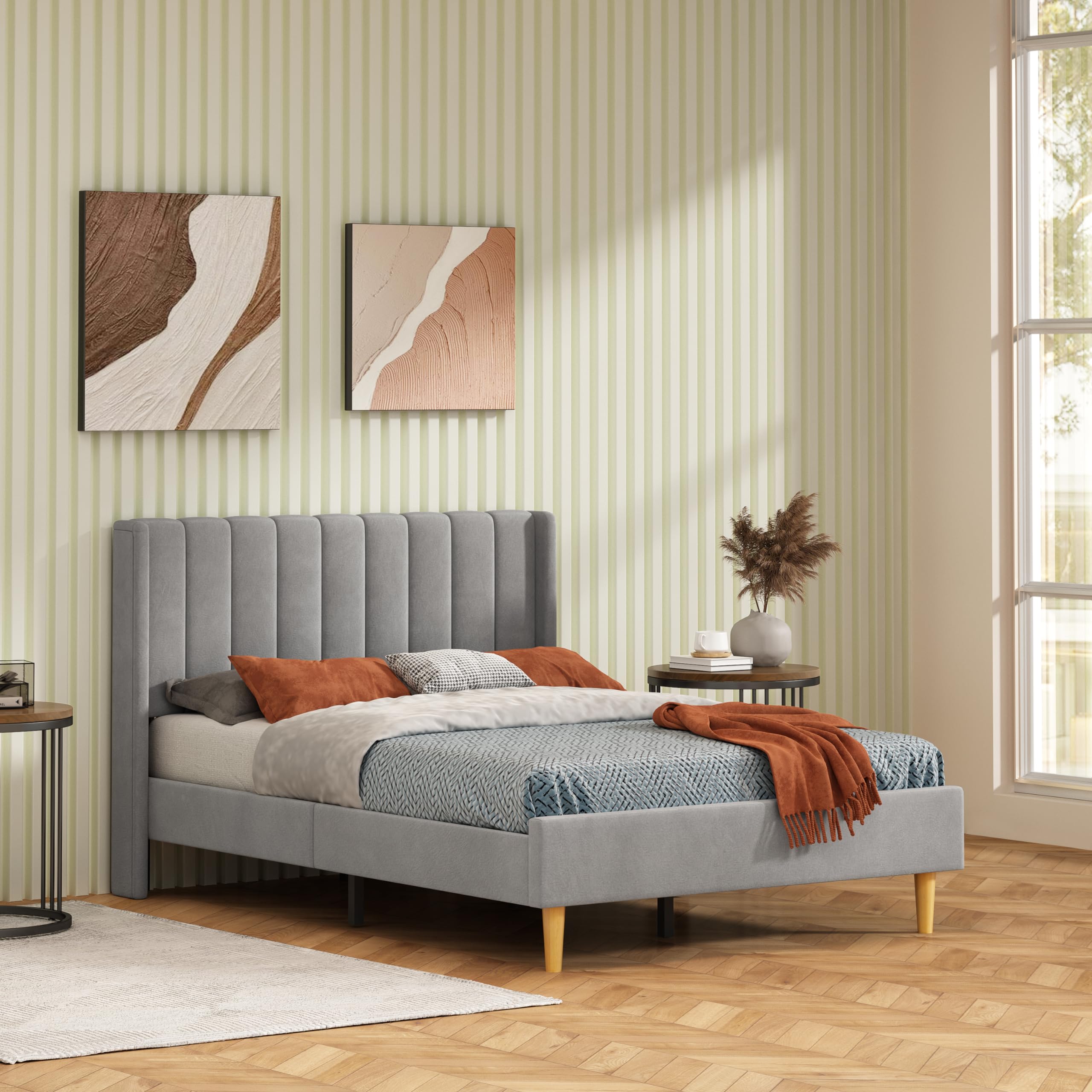 Grey Upholstered Platform Bed Frame - Full Size, Wood Slat Support, No Box Spring Needed for Bedroom
