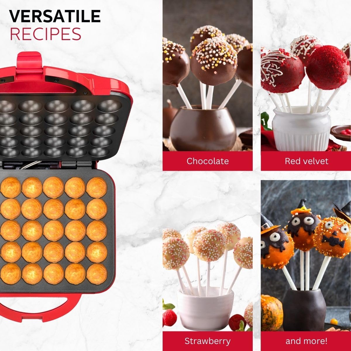 Holstein Housewares Cake Pop Maker - Non-Stick Coating, Makes 35 Cake Pops, Red - Perfect for Birthday Parties, Holiday Treats & Kids Baking Activities | Great for Home, School Events & Dessert Making