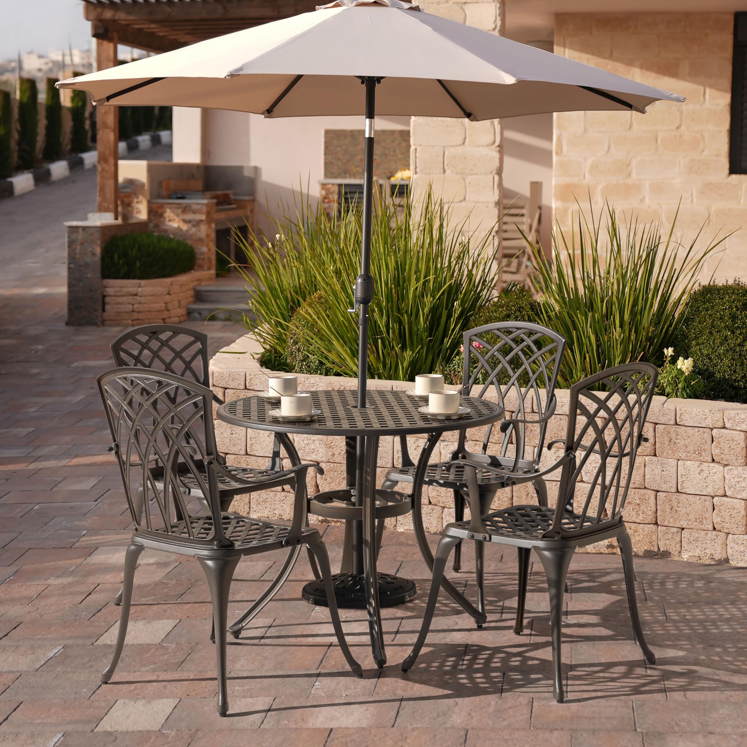 NUU GARDEN 5-Piece Outdoor Patio Dining Set - All-Weather Round Cast Aluminum Table with 1.97