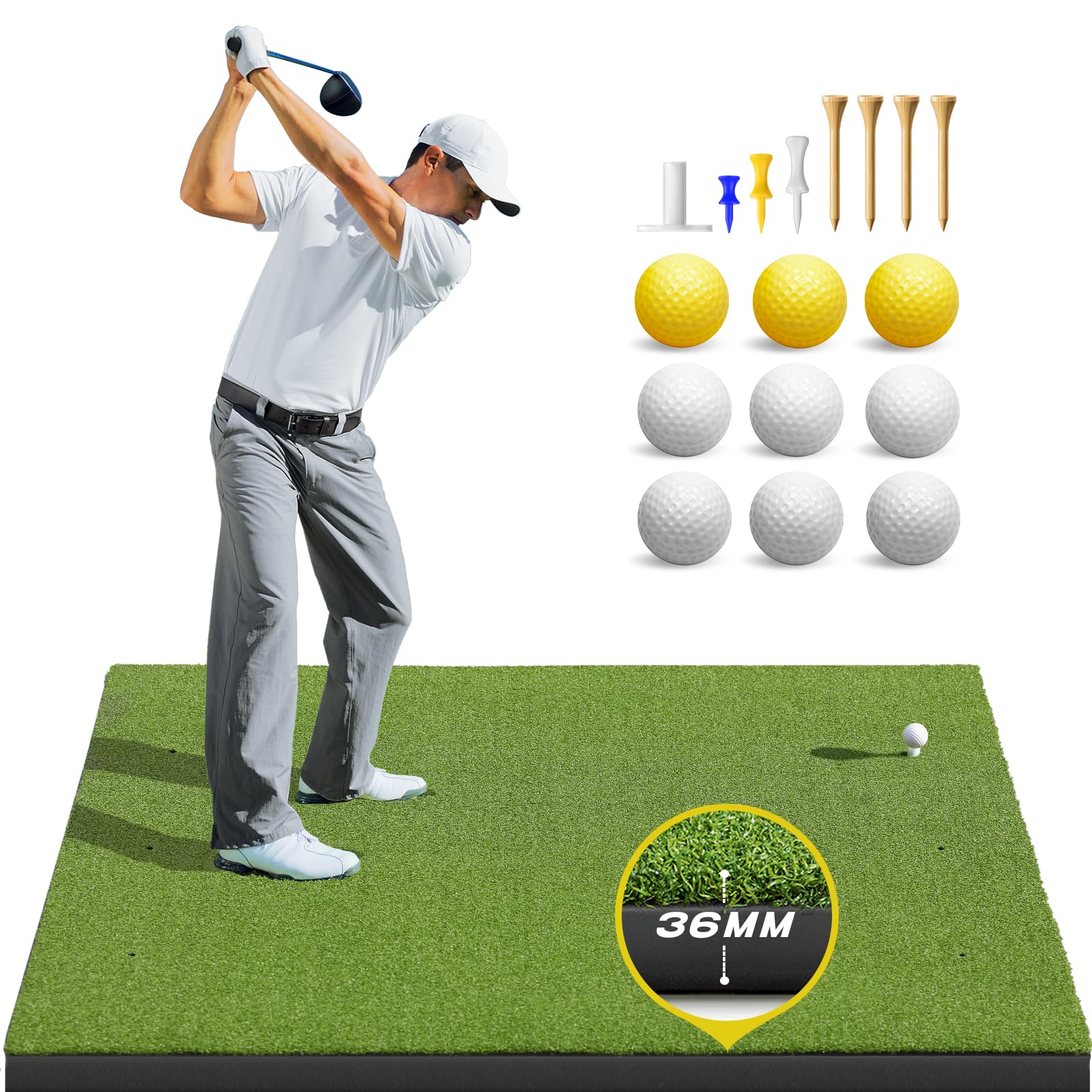 Premium 5x4ft Golf Hitting Mat for Indoor/Outdoor Practice - Artificial Turf with Rubber Tees, Includes 9 Golf Balls & 8 Tees - Perfect for Home, Backyard, Driving Range & Training Sessions