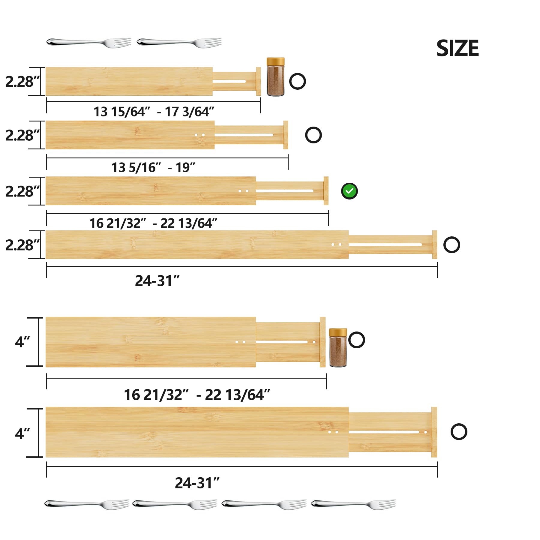 BAMEOS Bamboo Drawer Dividers - 4-Pack Kitchen Organizer for Utensils, Bedroom, Bathroom & Office - Perfect for Decluttering & Maximizing Storage Space