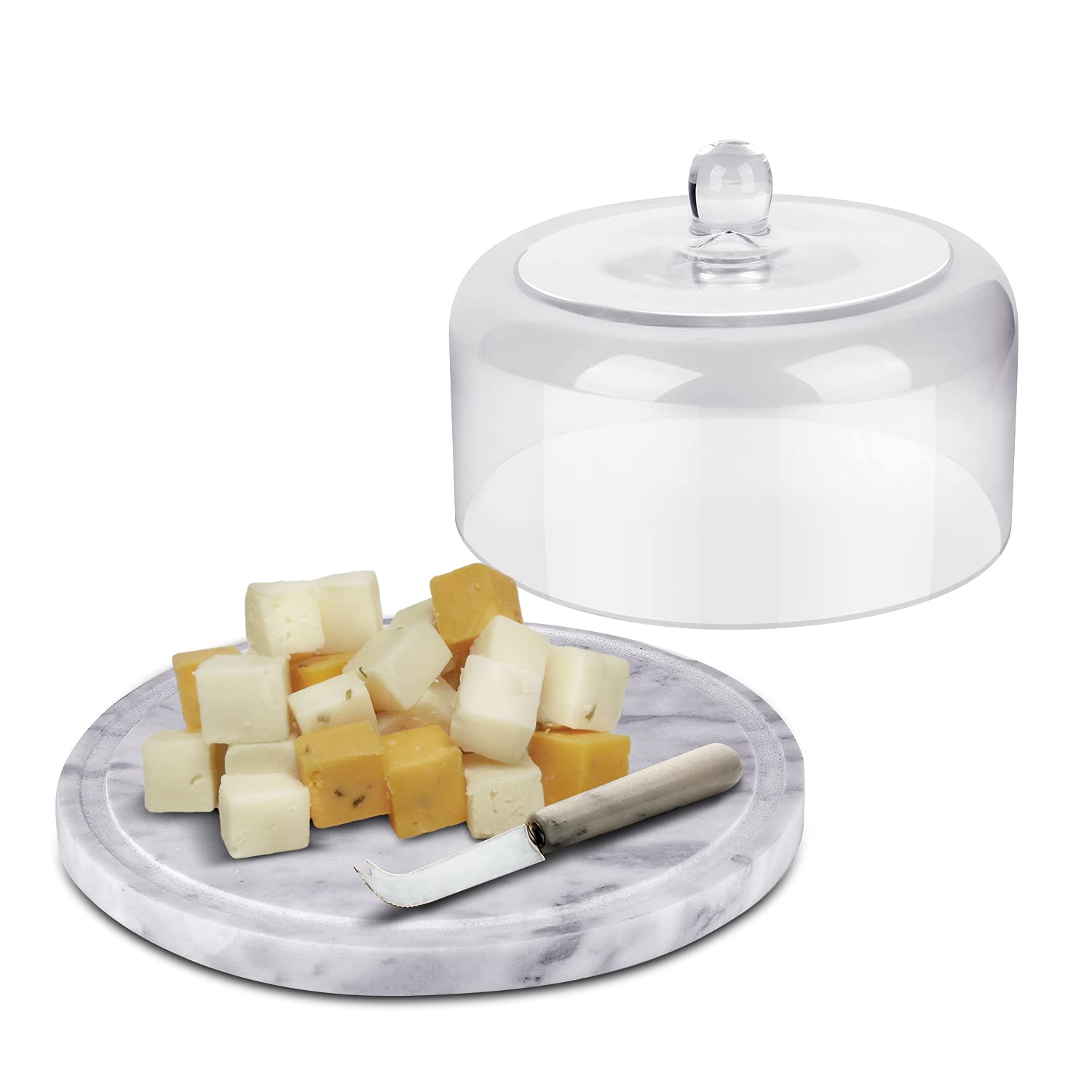 Flexzion 8.7 Inch Marble Cheese Holder & Cake Stand with Glass Lid - Elegant Cheese Dome, Cake Saver Serving Platter, Stone Cutting Board for Kitchen, Dining Room & Bakery Display - Perfect for Weddings, Parties & Dessert Presentation