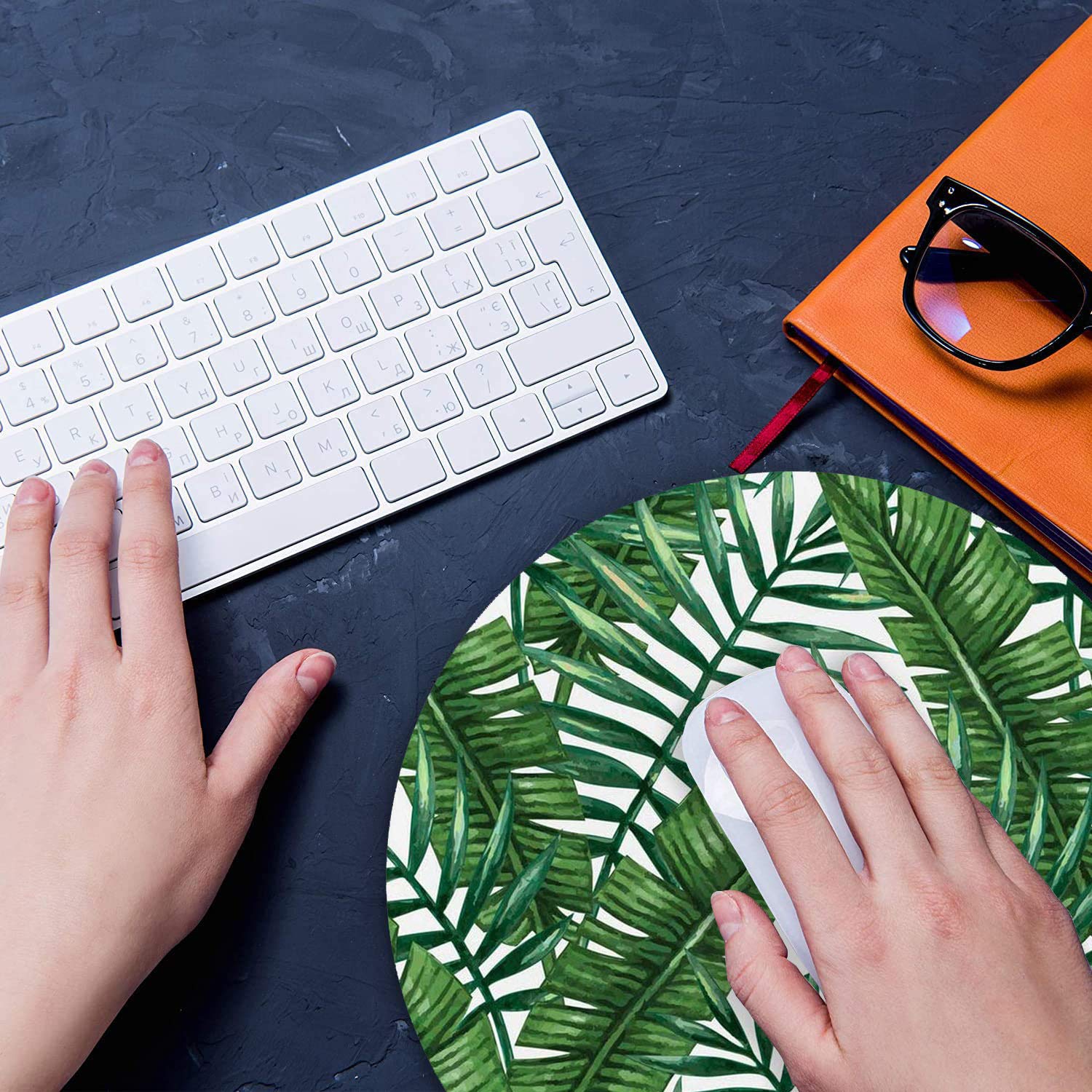 Non-Slip Tropical Palm Leaves Round Mouse Pad with Coasters Set - Ergonomic Rubber Mousepad for Computer & Laptop - Perfect Office Accessories & Desk Decor for Home, Gaming, and Workstations