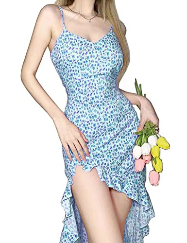 Omoone Women's Sexy Floral Ruffle Maxi Dress with High Slit - Summer Beach Party Bodycon Dress for Night Out, Vacation & Date Night