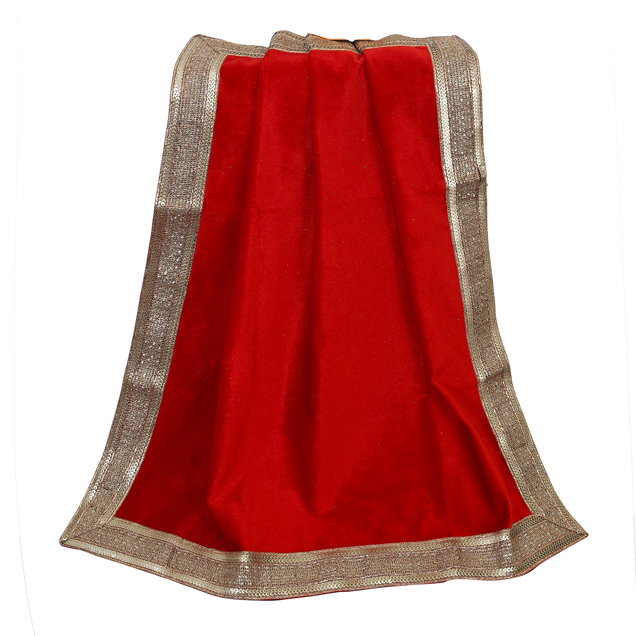 Indian Bright Red Velvet Pooja Cloth with Golden Shiny Border - Holy Square Altar Table Cover for Puja, Tarot, Meditation & Spiritual Ceremonies