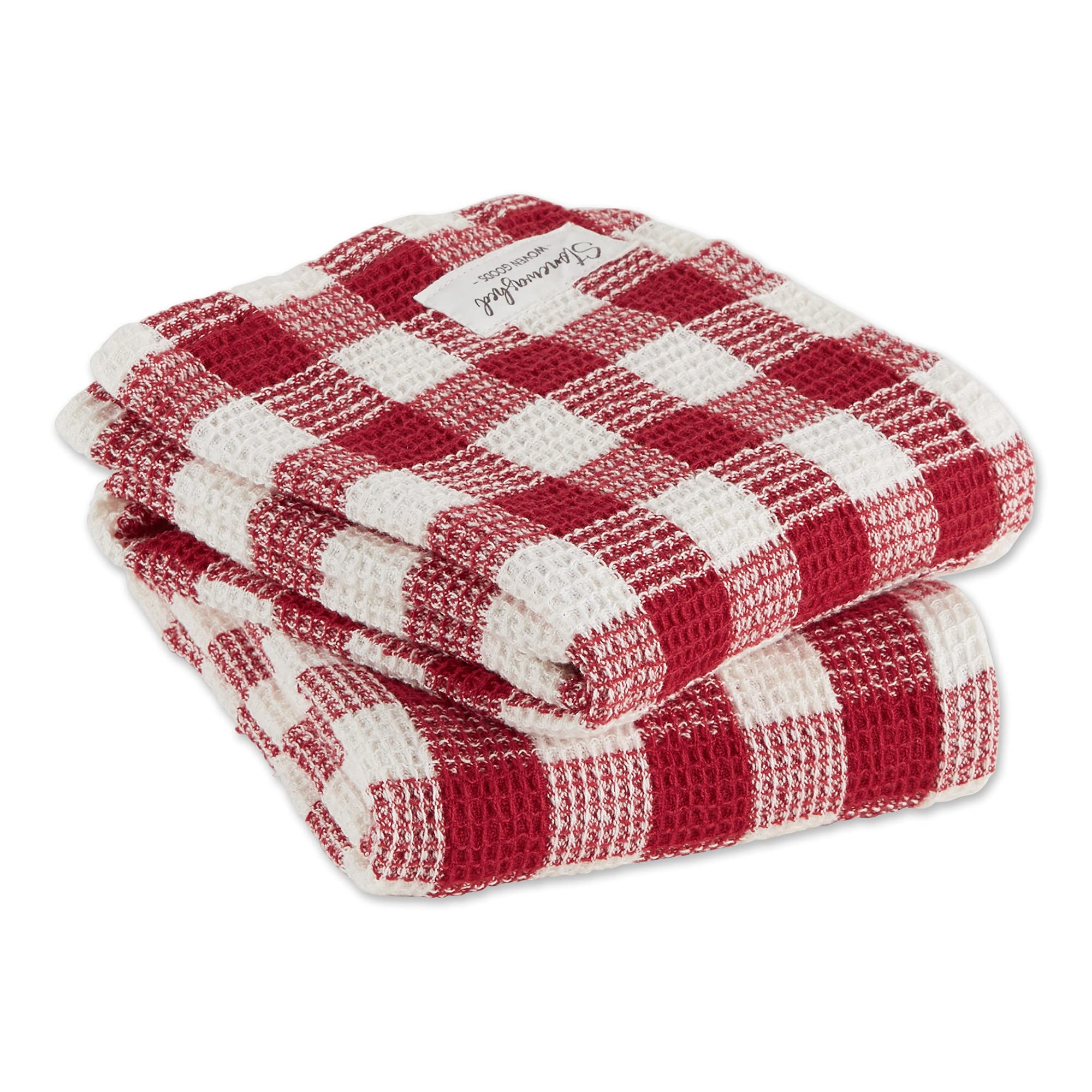 DII Washed Waffle Weave Dish Towel Set - 2 Pack, 18x28 Inches, Red Cider Check Pattern - Absorbent Kitchen Towels for Drying Dishes, Cleaning & Decor