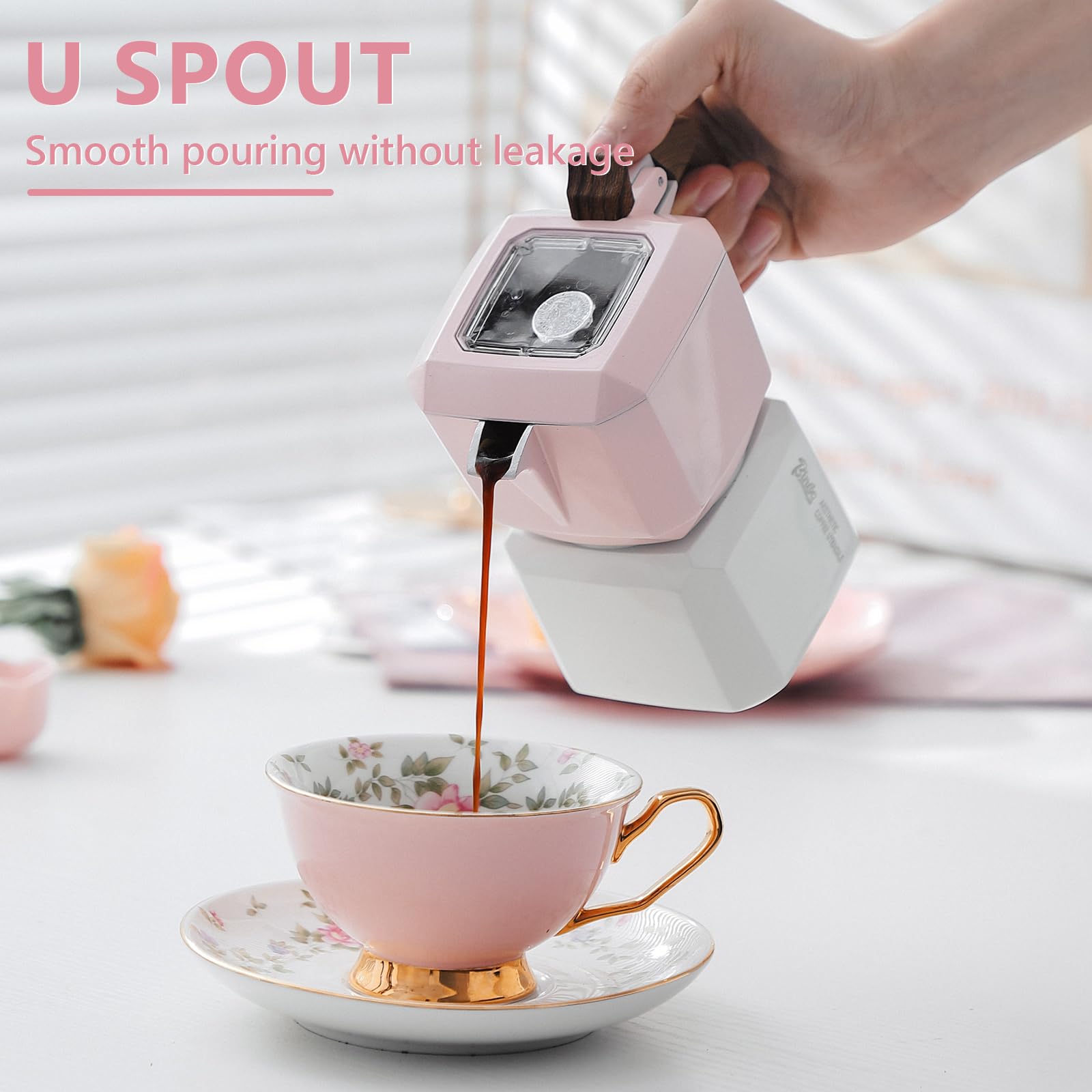 Bincoo 2-Cup Stovetop Espresso Maker - Italian Moka Coffee Pot with Double Valve & Filter Paper, 120ML/4oz (Pink-White) - Perfect for Home Brewing, Camping & Gifts