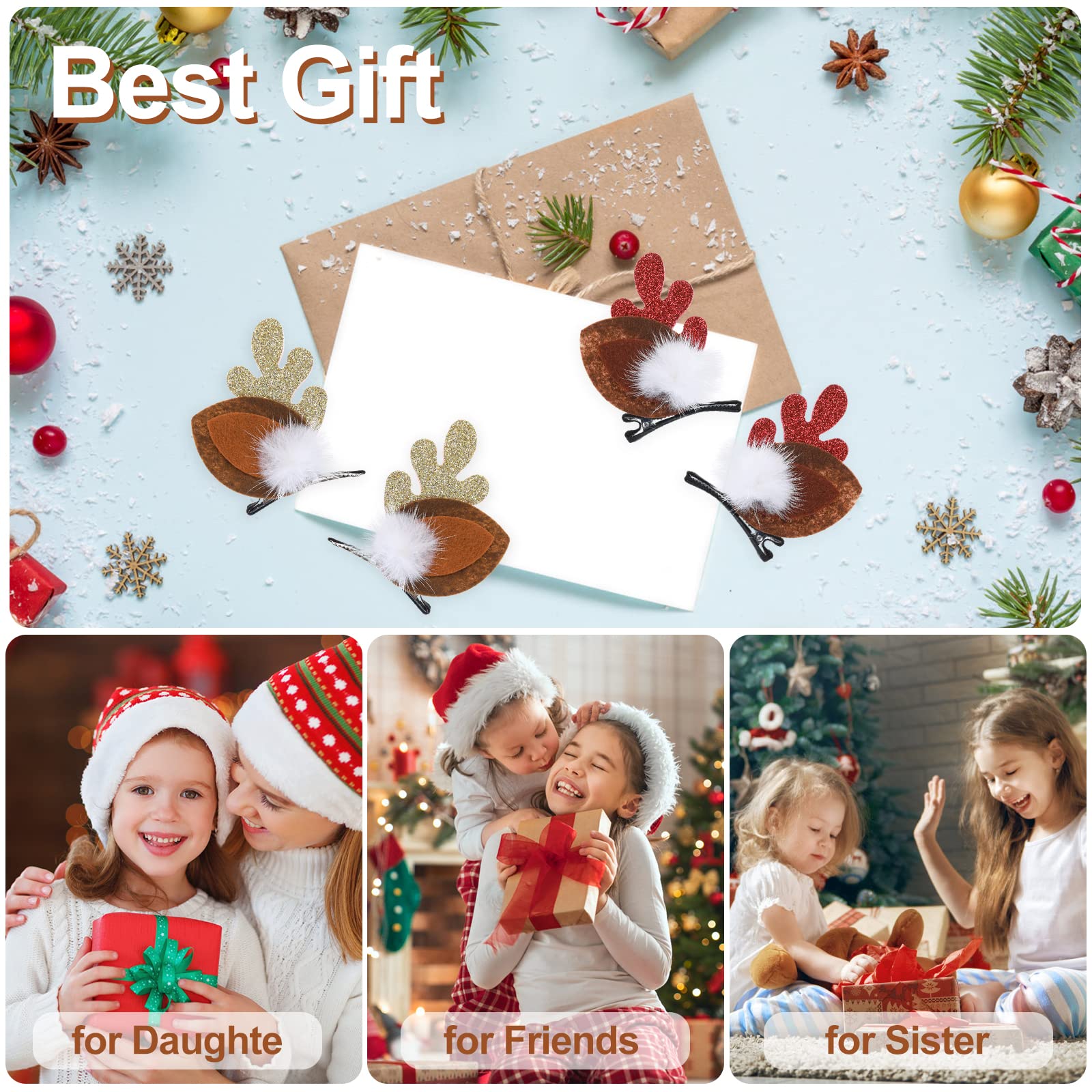 4PCS Christmas Hair Clips - Cute Reindeer Antler Hairpins for Women & Girls, Festive Xmas Hair Barrettes with Pom Balls, Deer Ear Hair Accessories for Holiday Parties, Cosplay & Gift Giving