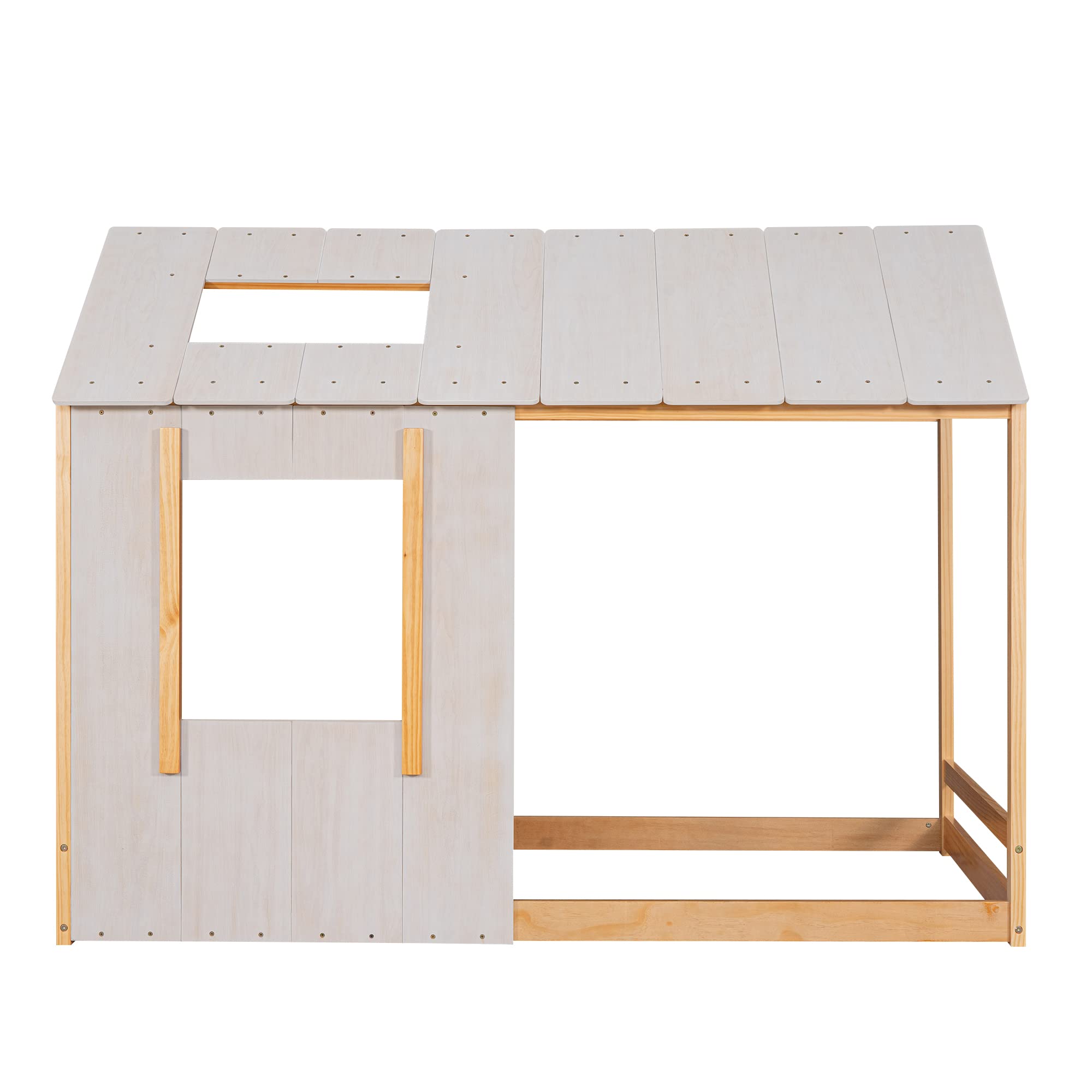 Wooden Twin House Bed Frame with Roof and Window for Kids - Twin Size Floor Bed in Natural & Antique White - Perfect for Boys & Girls Bedrooms, Playrooms, and Cozy Sleepovers