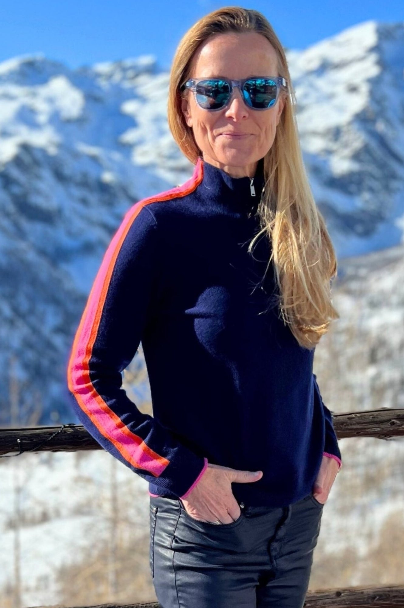 Premium Merino Wool Quarter Zip Sweater for Men & Women - Navy, Pink, Orange Stripes | Cozy & Breathable for Outdoor Hiking, Travel & Casual Wear