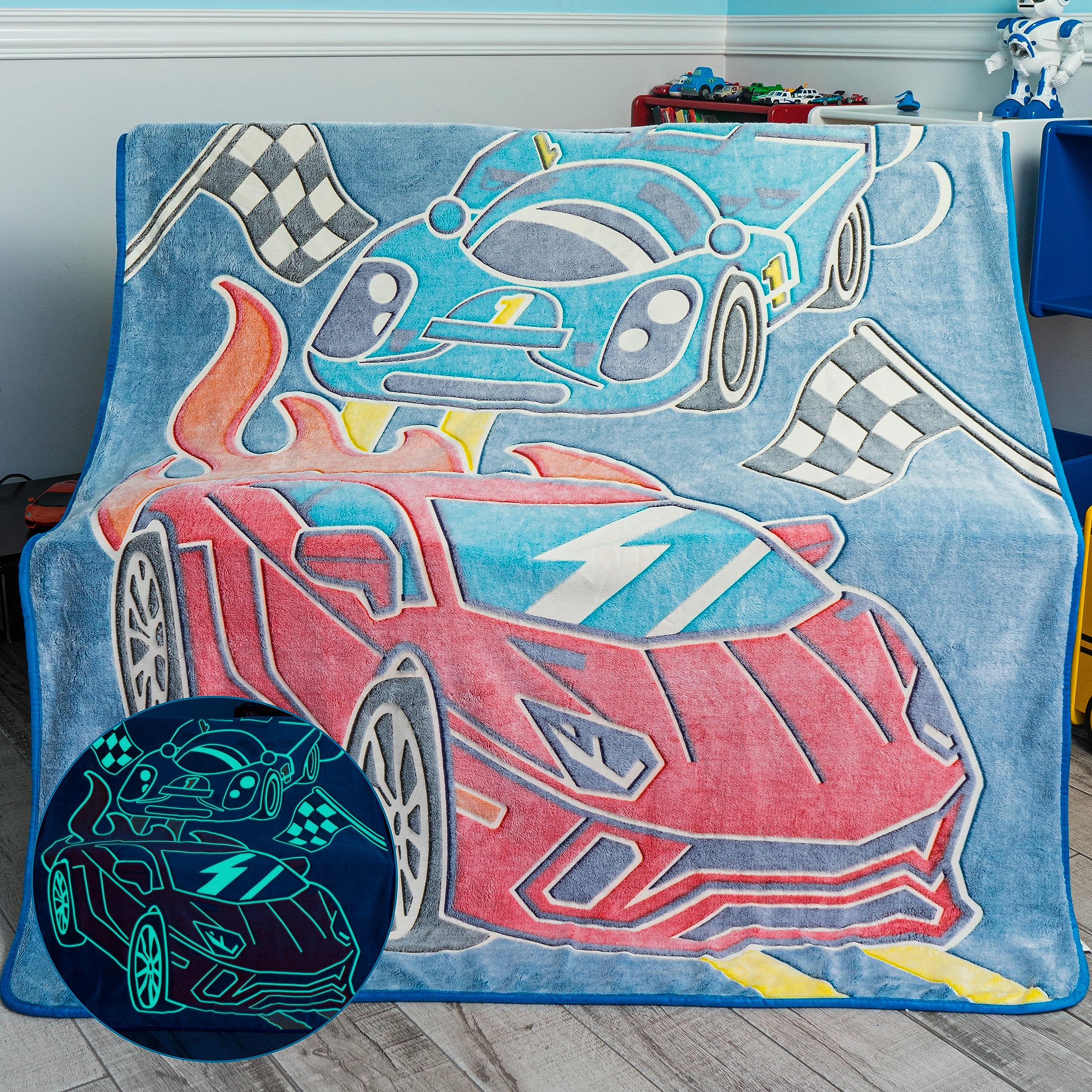 Glow in the Dark Race Car Blanket - Cool Hot Rod Design with Burning Wheels for Boys & Kids | Soft Throw Blanket for Race Car Bed, Boys Room Decor, Birthday Gifts | Perfect for Bedtime, Movie Nights & Playroom Decor