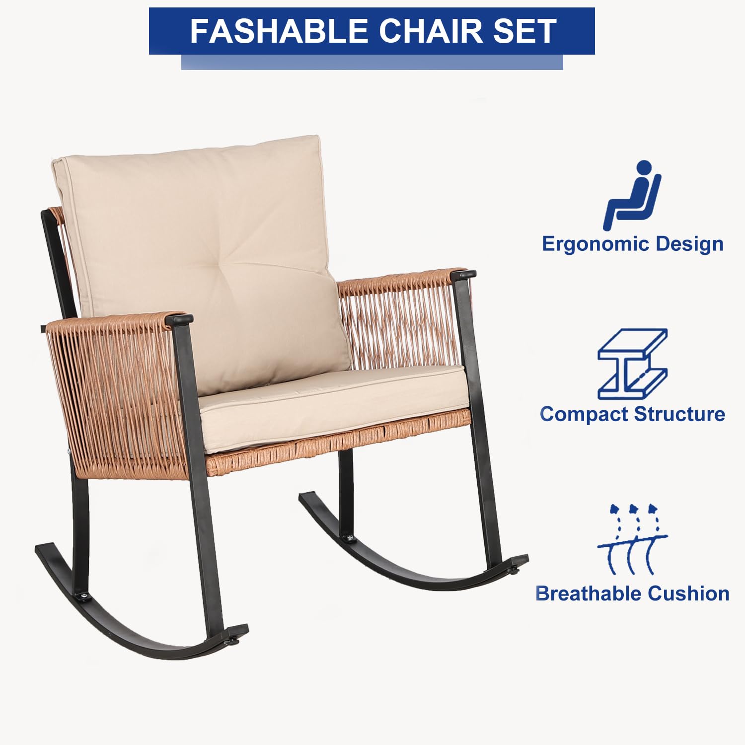 3-Piece Oversized Rattan Rocking Bistro Set with Thick Cushions & Coffee Table - Outdoor Patio Furniture for Balcony, Garden, Poolside (Tan-Beige) | Perfect for Relaxing, Entertaining & Enjoying Summer Evenings