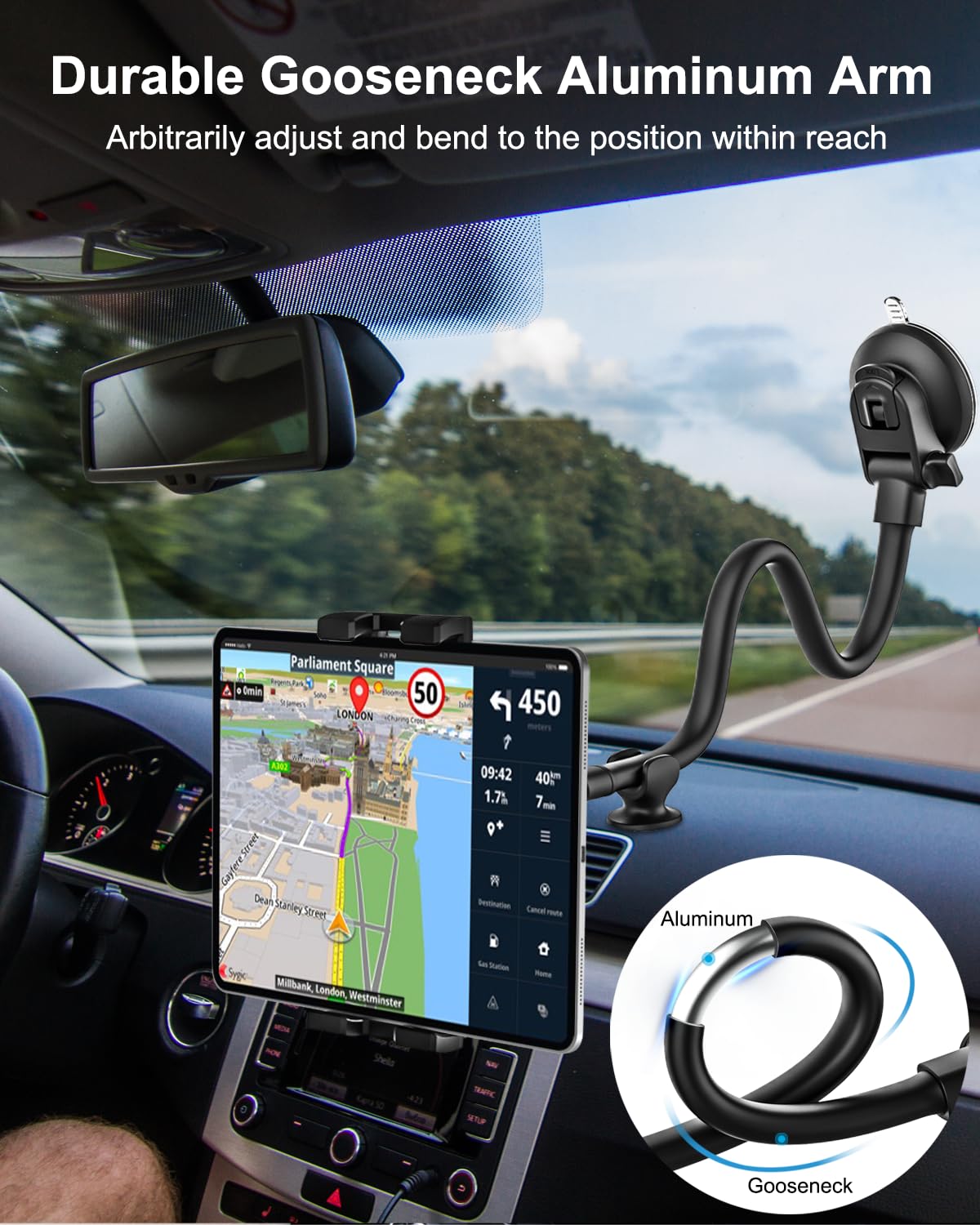 Woleyi Long Arm Car Windshield Tablet Mount - Super Suction & Stable Dashboard Holder for iPad Pro/Air/Mini, Galaxy Tabs, Smartphones (4.7-13 Inch) - Perfect for GPS Navigation, Streaming & Hands-Free Driving