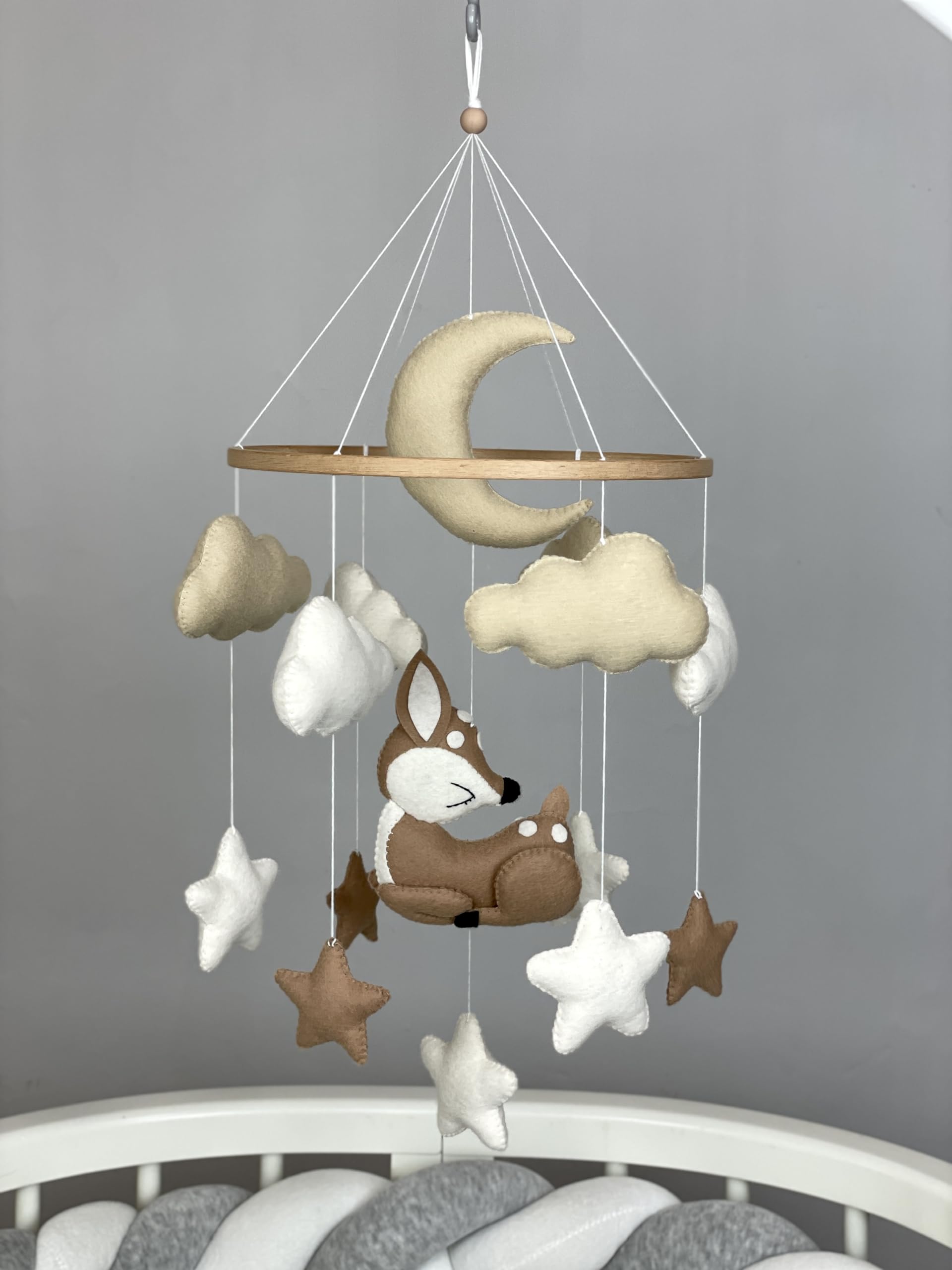Gender Neutral Baby Crib Mobile - Woodland Deer Nursery Decor with Felt Hanging Animals in Beige | Perfect for Baby Showers, Newborn Gifts & Nursery Room Decoration