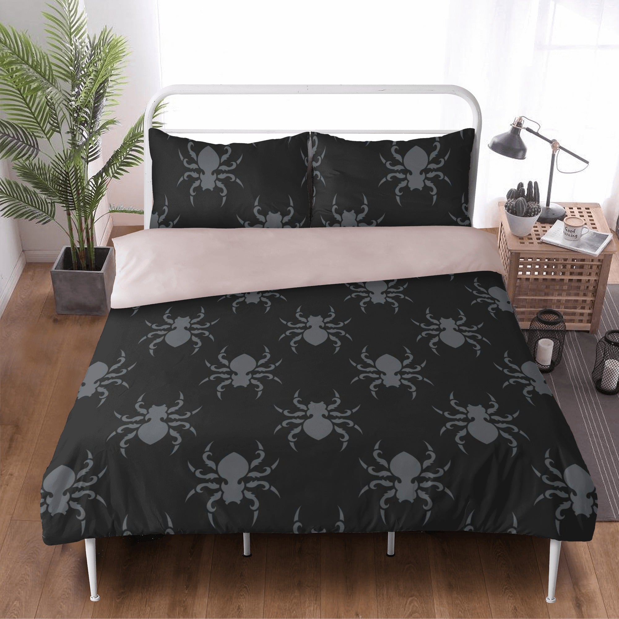 Goth Spider 3-Piece Bedding Set - Black Gothic Spiderweb Comforter, Pillowcases & Sheet for Halloween Decor, Horror Theme Bedroom, or Alternative Aesthetic Lovers