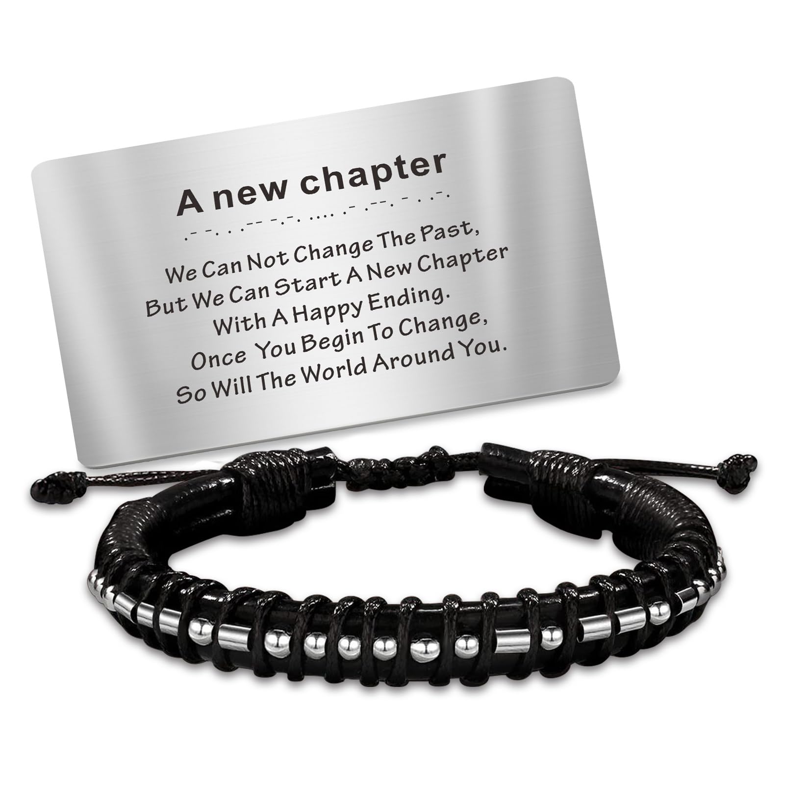 Morse Code Bracelet for Men - Black Leather Sobriety Gift with Wallet Card - Inspirational Graduation, Birthday, Father's Day Gift for Him, Son, Brother, Grandson - Perfect for Recovery Support & Special Occasions