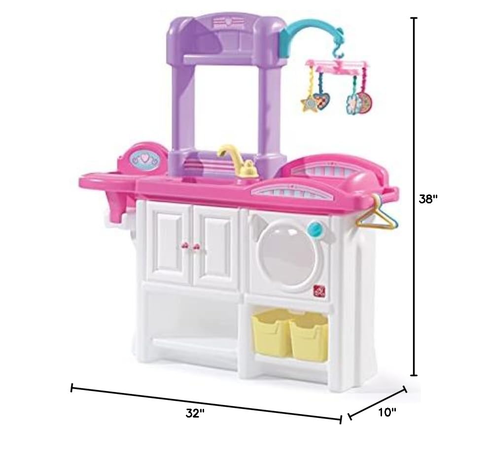 Step2 Love & Care Deluxe Baby Doll Nursery Playset for Toddlers 2-6 Years - Compact Doll Changing Station & Crib with Toy Accessories, Durable Plastic Kids Pretend Play Set (Pink) - Perfect for Imaginative Play, Role-Playing & Early Childhood Development