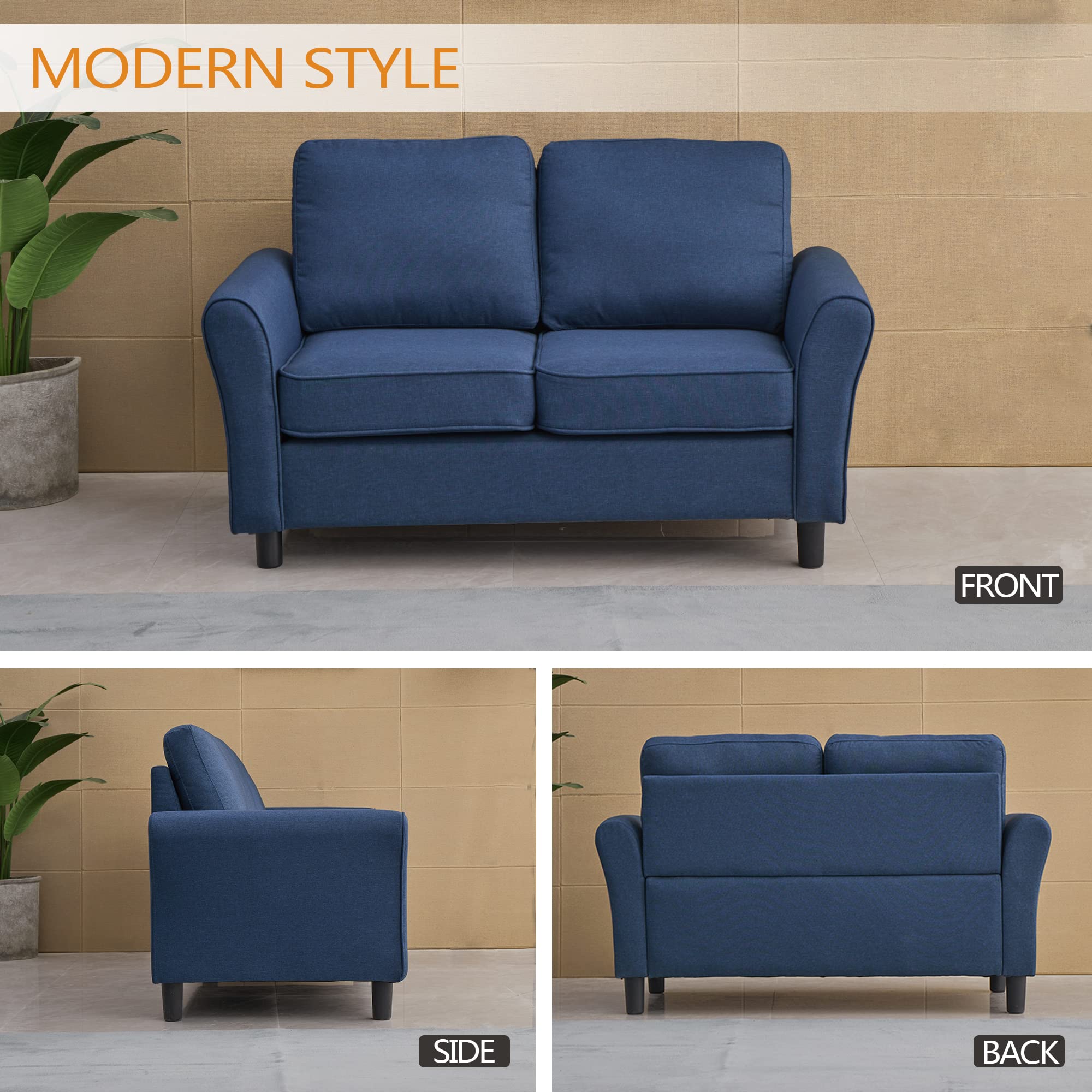Modern Linen Loveseat Sofa - Comfortable Blue Couch for Living Room, Office & Bedroom - Perfect for Small Spaces, Apartments and Cozy Home Decor