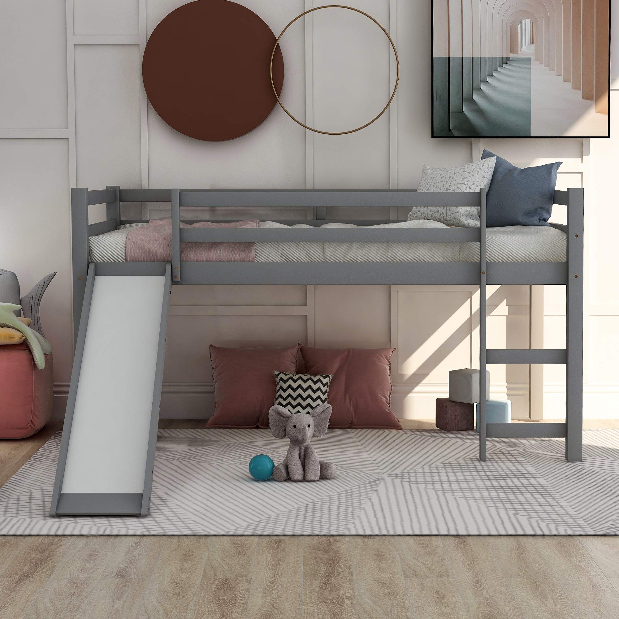 **GAOWE Twin Wood Loft Bed with Slide - Sturdy Low Loft Bed Frame for Kids, Multifunctional Space-Saving Design (Gray) - Perfect for Small Bedrooms, Playrooms & Kids' Dorm Decor**