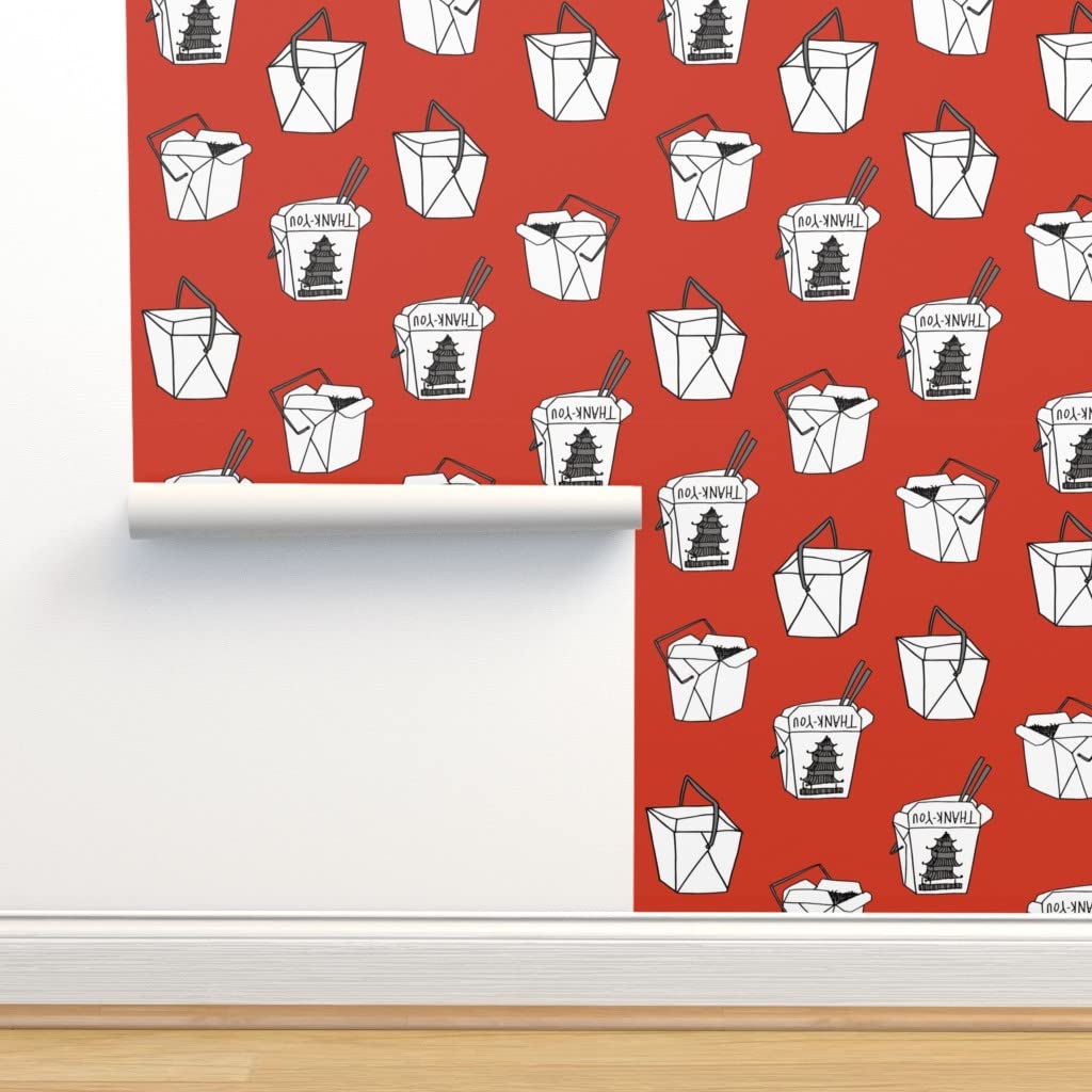 Peel & Stick Removable Wallpaper 9ft x 2ft - Chinese Takeout Boxes Red NYC Food Design | Self-Adhesive Wall Decal for Kitchen, Dorm, Restaurant Decor
