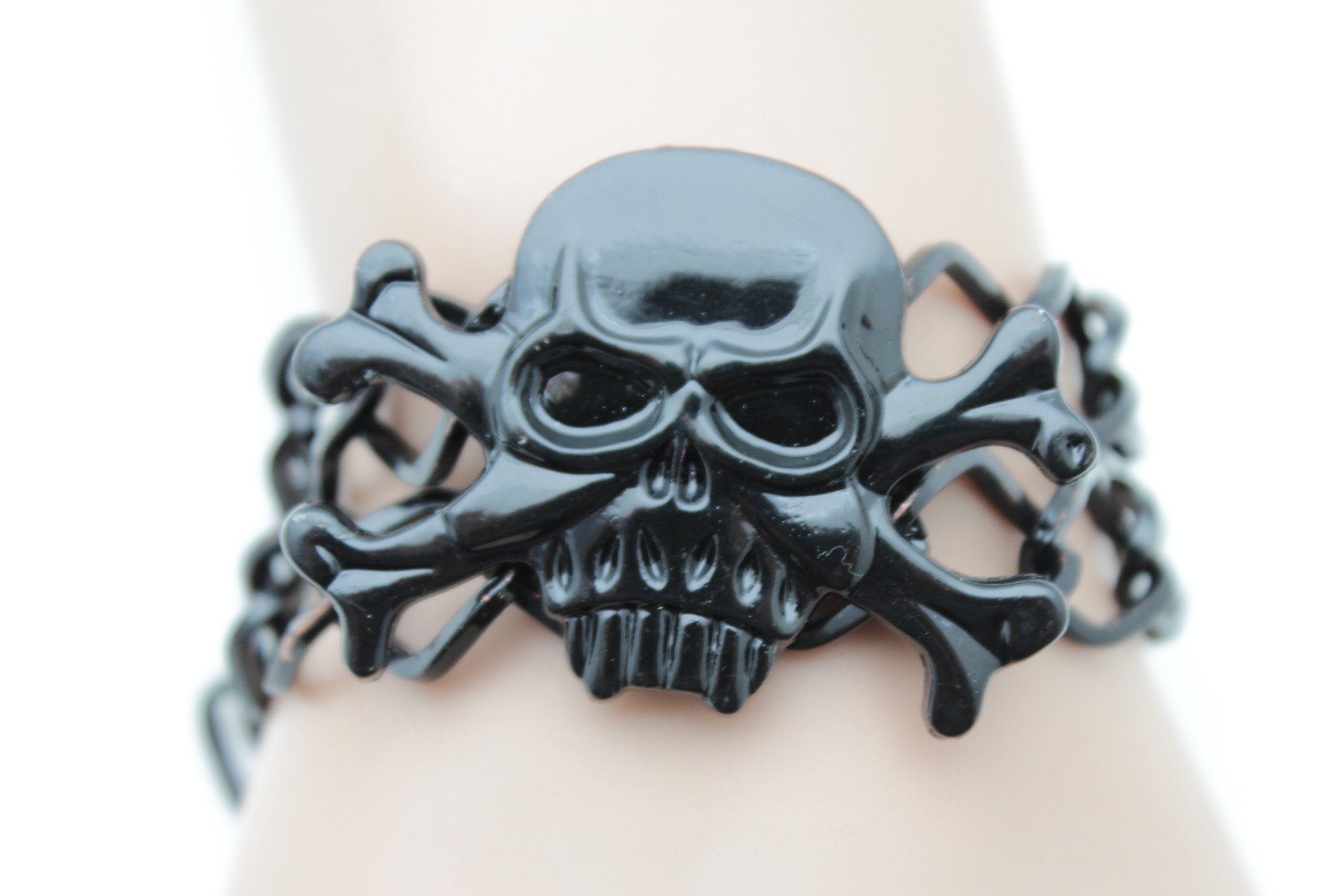 TFJ Women's Black Metal Chain Bracelet with Skeleton Skull & Pirate Bones Charms - Gothic Fashion Jewelry for Casual Wear, Halloween & Punk Outfits
