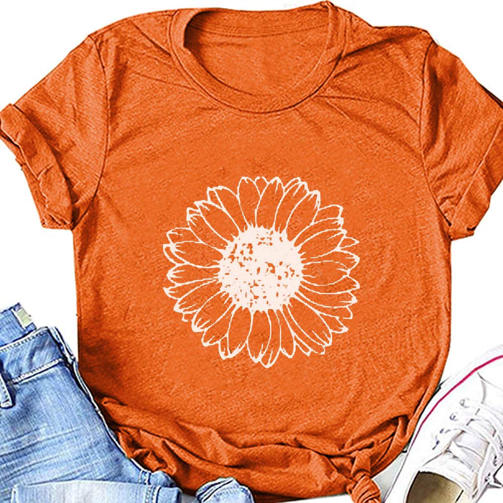 Women's Summer Tops - Loose Fit Casual Short Sleeve T-Shirts with Sunflower Graphic Print | Vintage Style Blouses for Beach, Vacation & Everyday Wear