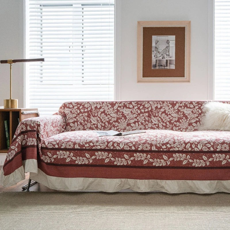 Bohemian Floral Sofa Slipcover with Ruffled Trim - Tribal Print Couch Cover for Living Room Decor, Home Styling & Comfort