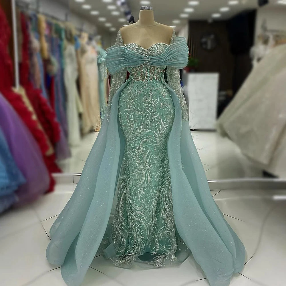 Elegant Navy Blue Long Sleeve Evening Gown with Detachable Overskirt LA72841 - Perfect for Formal Events, Prom Dresses & Wedding Guest Outfits