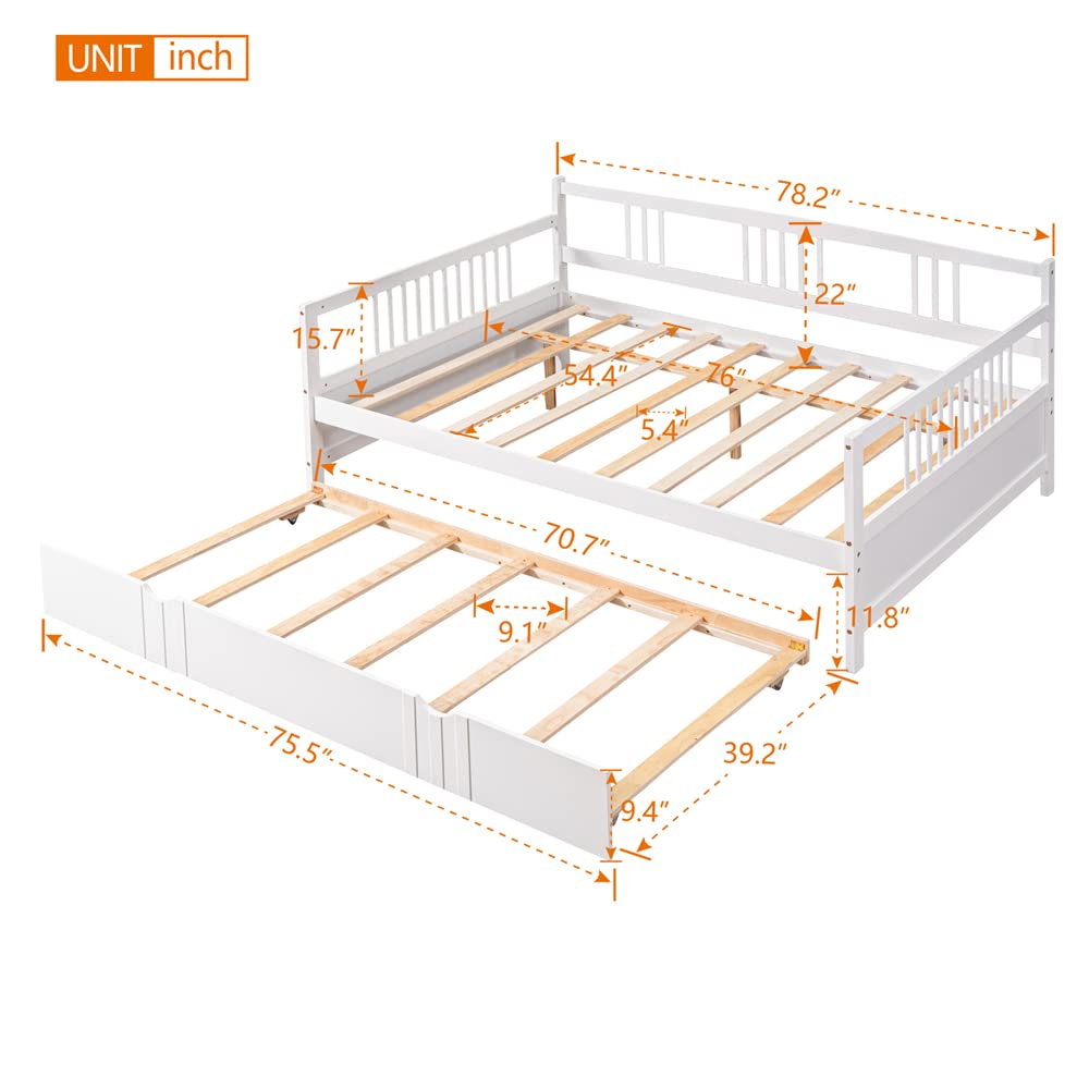 Triple Tree Full Size Wooden Daybed with Twin Trundle - Sturdy Wood Slat Support, No Box Spring Needed - Convertible Sofa Bed for Bedroom, Guest Room & Living Room - Perfect for Sleepovers, Small Spaces & Multi-Functional Furniture Needs (White)
