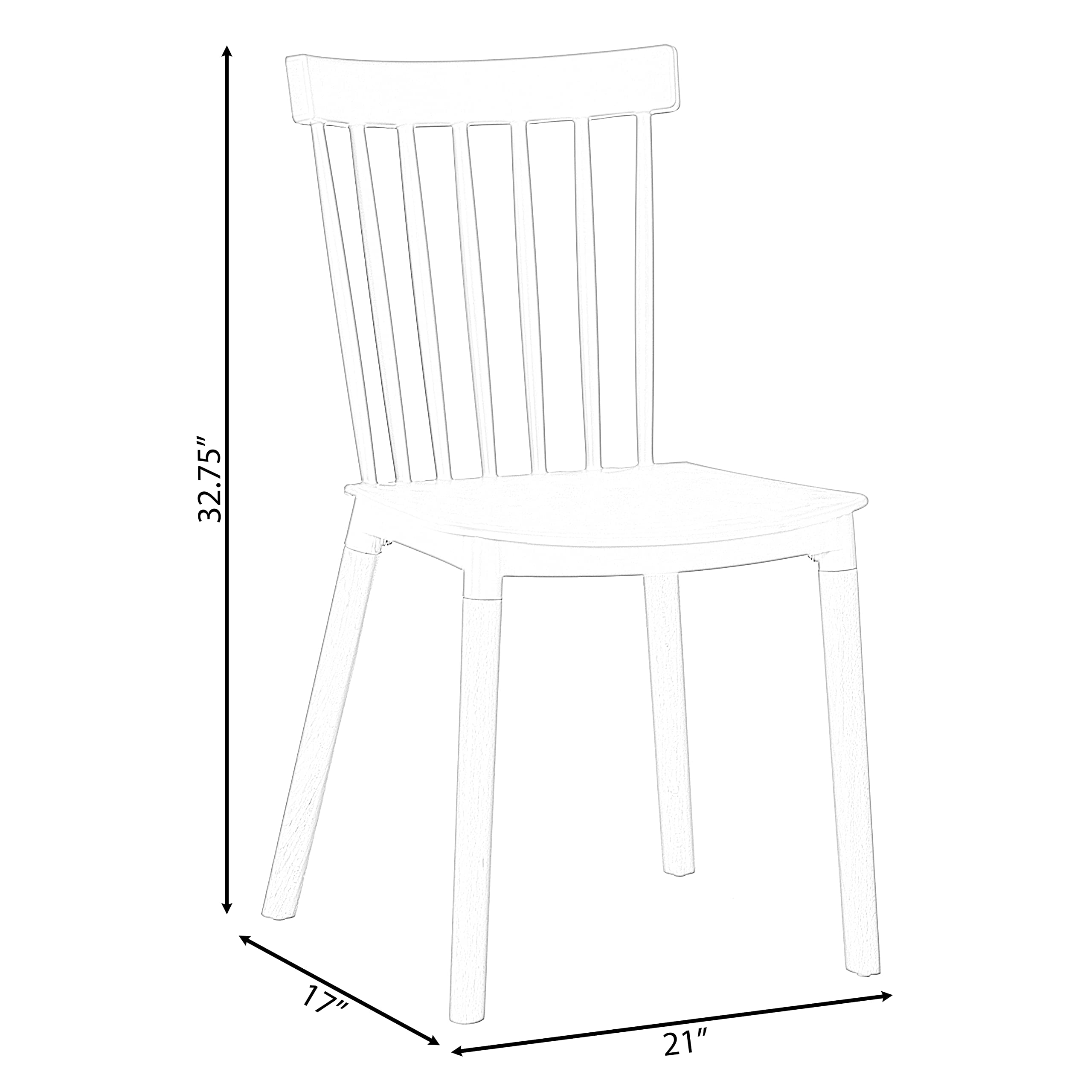 Fabulaxe Modern White Plastic Dining Chairs Set of 2 - Windsor Style with Beech Wood Legs for Kitchen, Dining Room, and Outdoor Patio Use