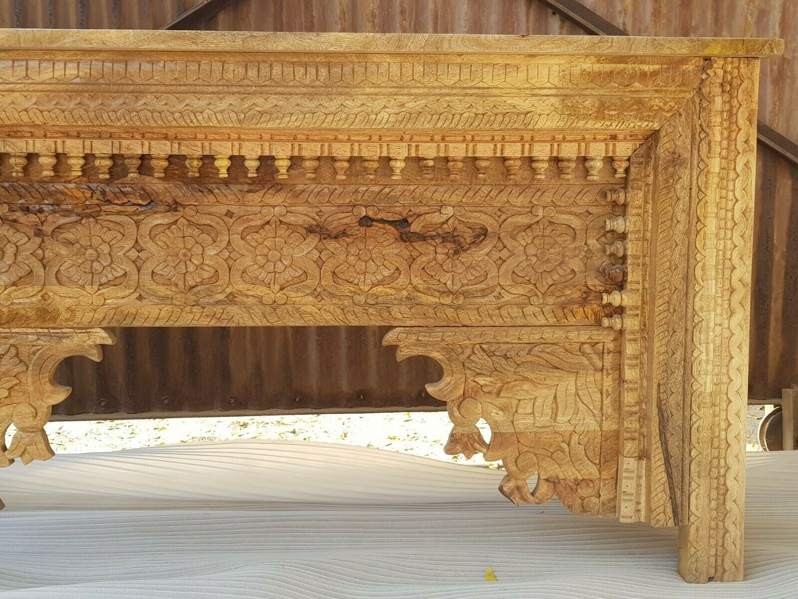 Hand Carved Indian Solid Wood Console Table - Natural Finish - Entryway, Hallway & Living Room Decor